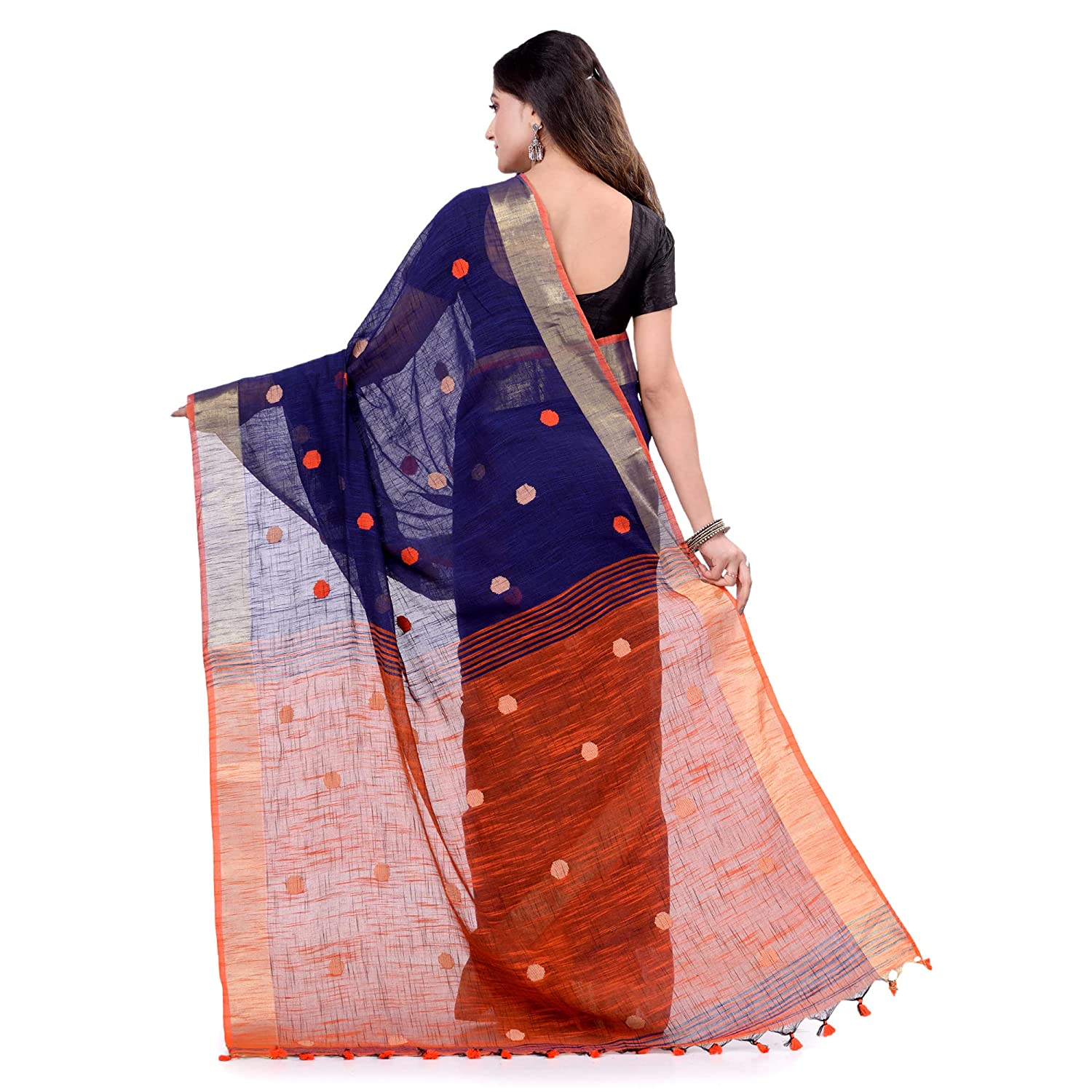 Desh Bidesh Women's Pure Cotton Traditional Bengali Tant Handloom Cotton Saree Round Desigined With Blouse Piece - Distacart