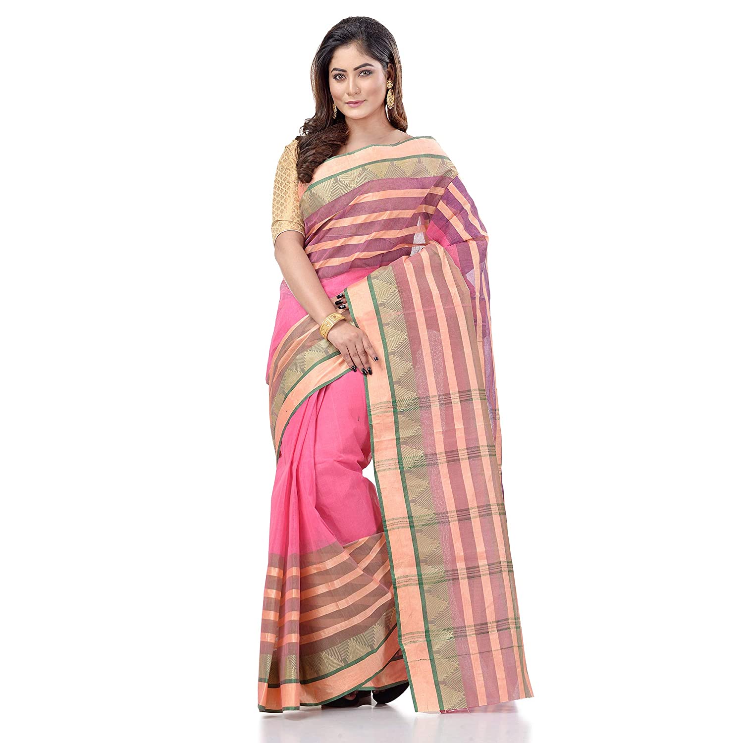 Desh Bidesh Women's Traditional Bengal Tant 3D Temple Design Handloom Pure Cotton Saree Without Blouse Piece - Distacart