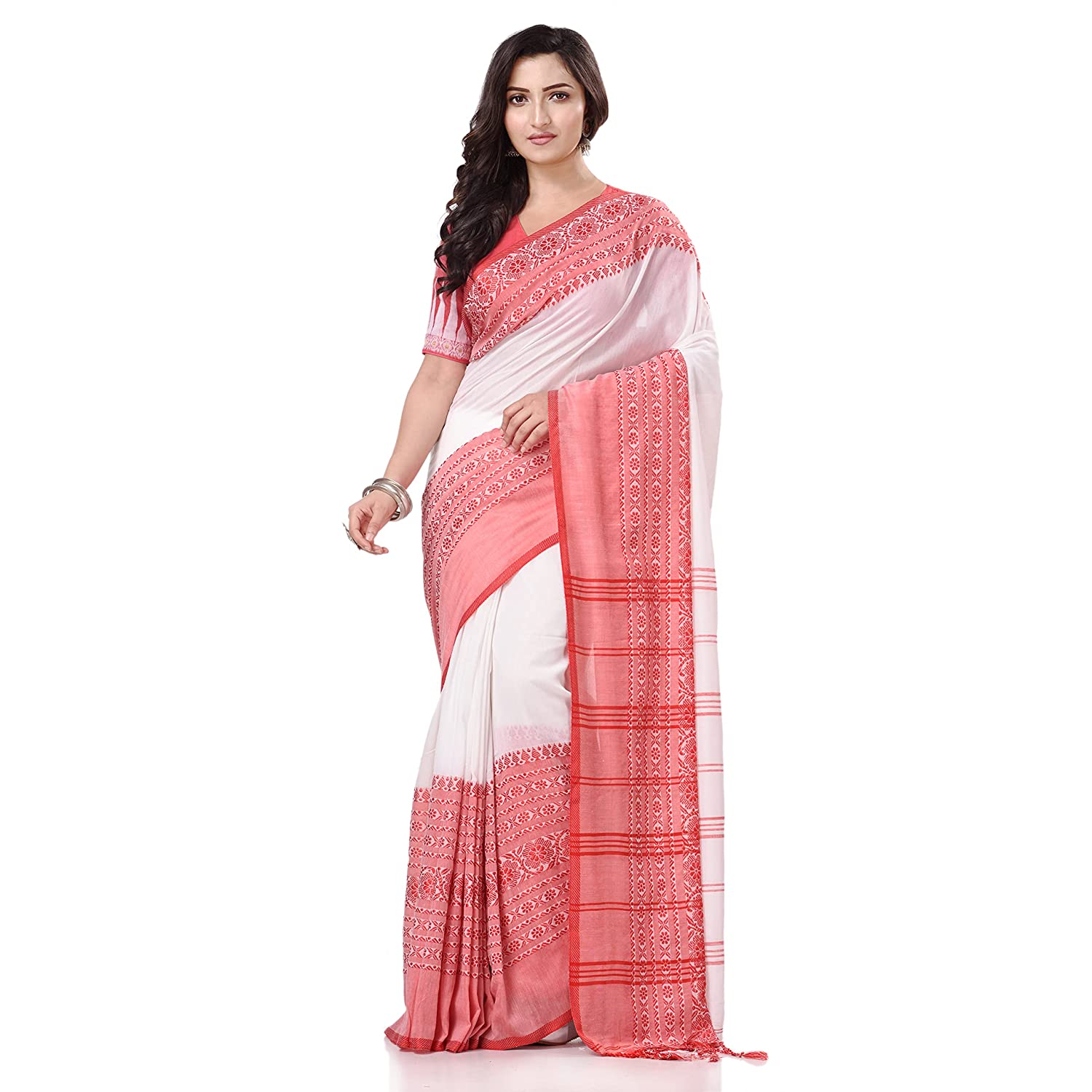 Desh Bidesh Women's Traditional Bengali Flower Design Bengamuri Pure Handloom Cotton Saree With Blouse Piece - Distacart
