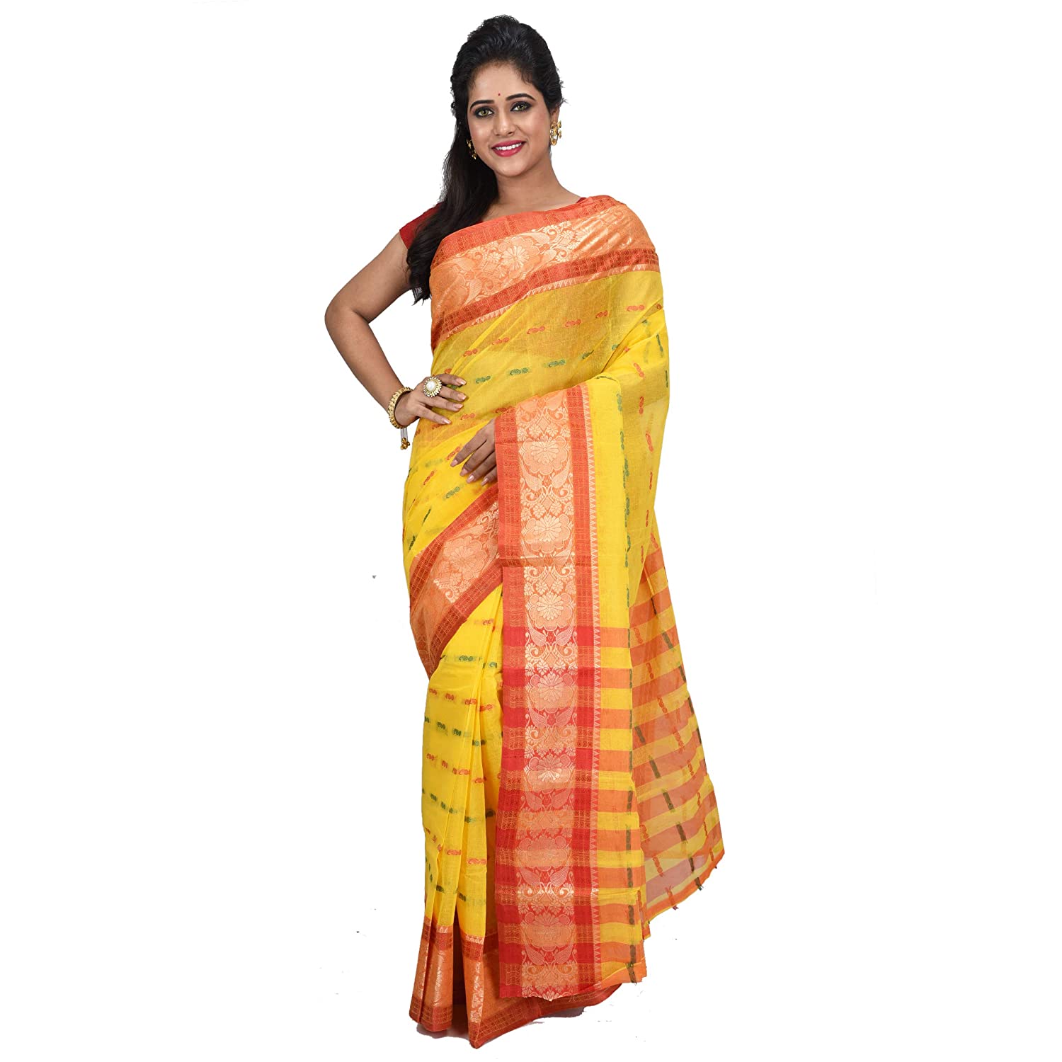 Desh Bidesh Women's Traditional Bengal Tant Handloom Cotton Saree Without Blouse Piece (Yellow Red) - Distacart