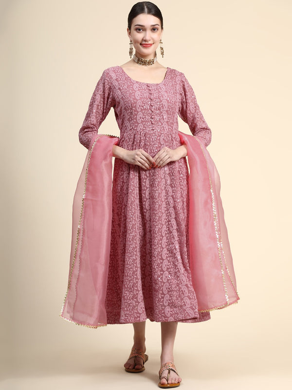 Kalini Paisley Embroidered Chikankari Georgette Anarkali Kurta With Dupatta Set - Distacart