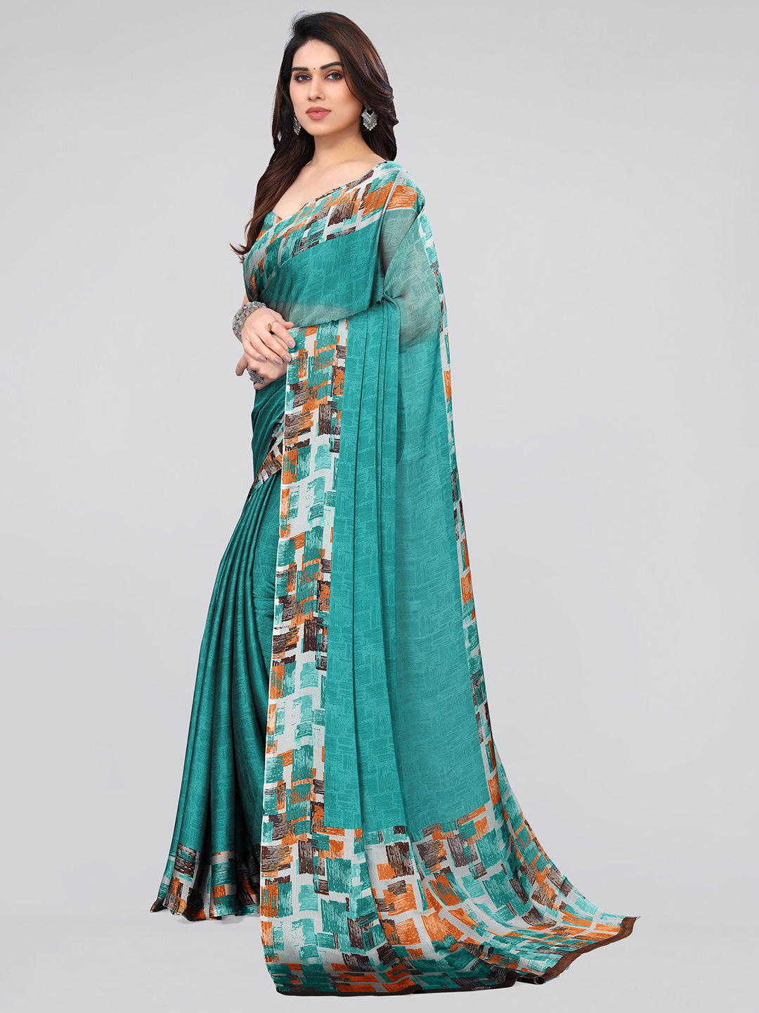 Kalini Teal & Grey Chiffon Saree - Distacart