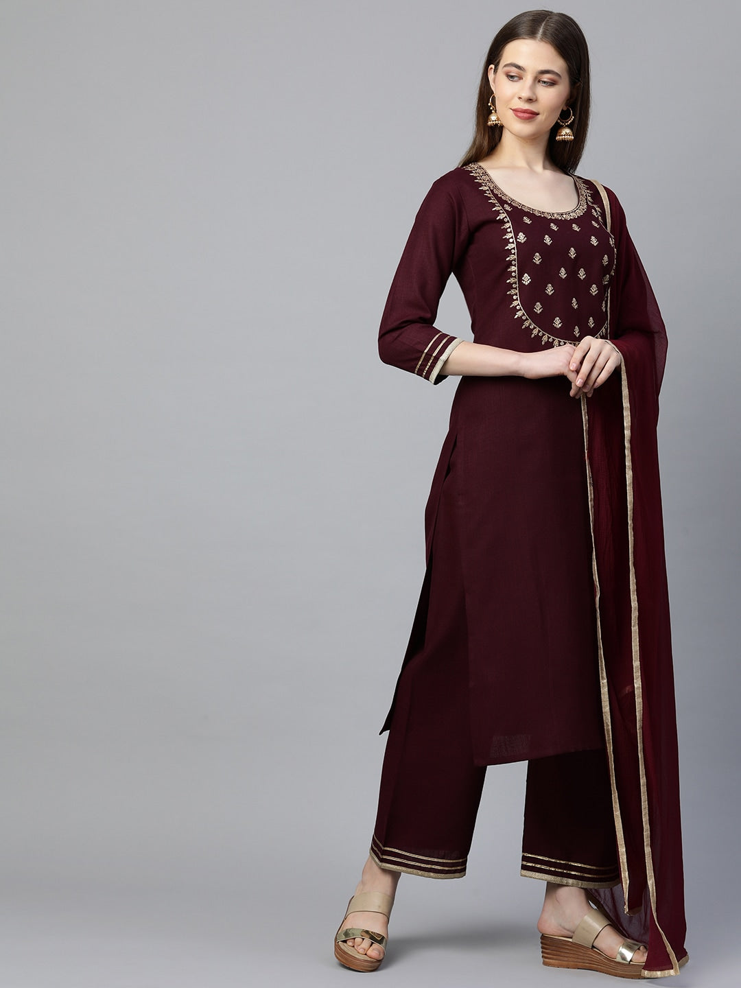 Kalini Women Maroon Gotta Patti Embroidered Kurta with Palazzos & Dupatta - Distacart