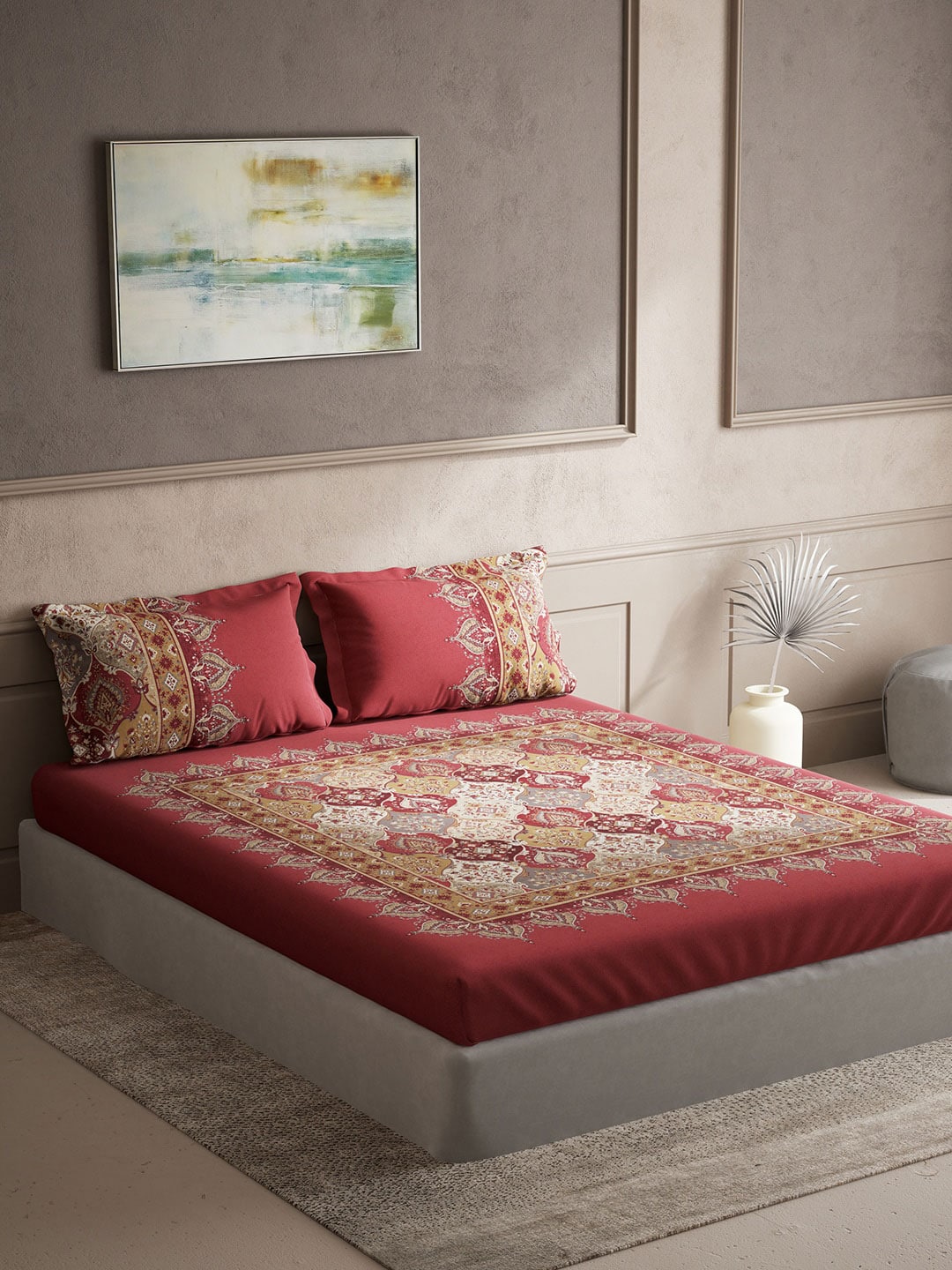 DDecor Red & White Ethnic Motifs Cotton 140 TC King Bedsheet with 2 Pillow Covers - Distacart