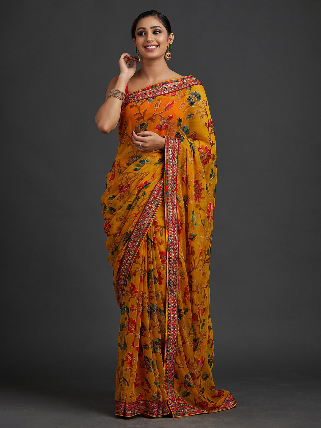 Koskii Yellow & Green Floral Sequinned Saree - Distacart