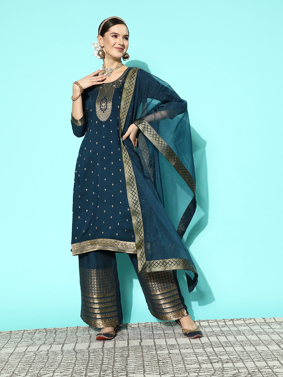 Sangria Women Floral Yoke Design Regular Kurta with Palazzos & With Dupatta - Distacart