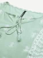 Thumbnail for HERE&NOW Women Sea Green & White Ethnic Motifs Printed Tie-Up Neck Kurta - Distacart