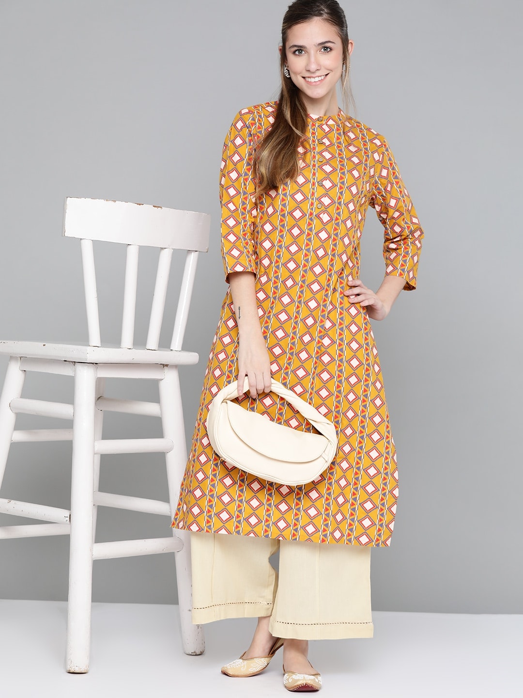 HERE&NOW Women Mustard Yellow & Cream Pure Cotton Geometric Printed Kurta - Distacart