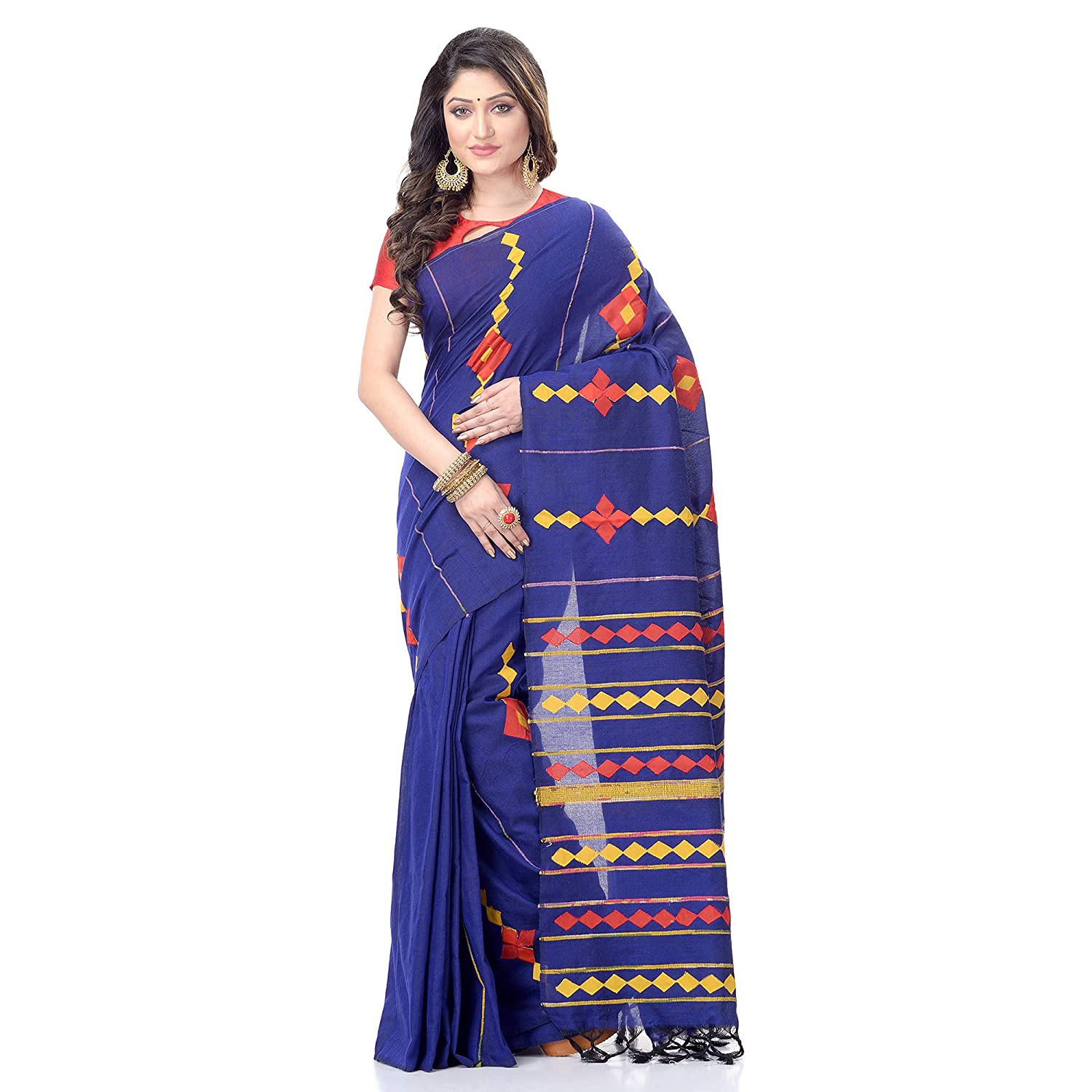 Desh Bidesh Women's Bengali Khesh Pure Cotton Handloom Saree Diamond Designed With Blouse Piece - Distacart