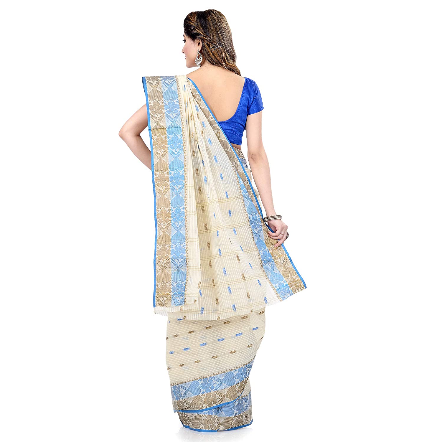 Desh Bidesh Women Pure Cotton Traditional Handloom Bengal Tant Saree Noyonchuri Design Without Blouse Piece (Sky Blue Brown) - Distacart
