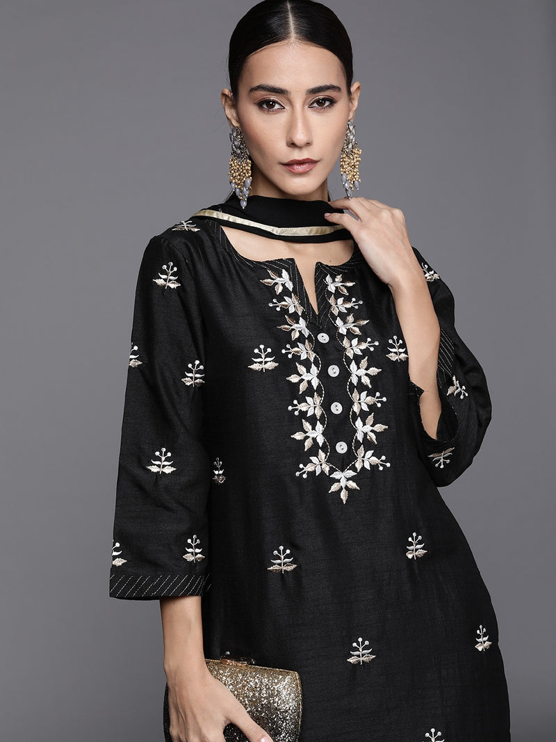 Libas Black Floral Embroidered Kurta with Palazzos &amp; Dupatta - Distacart
