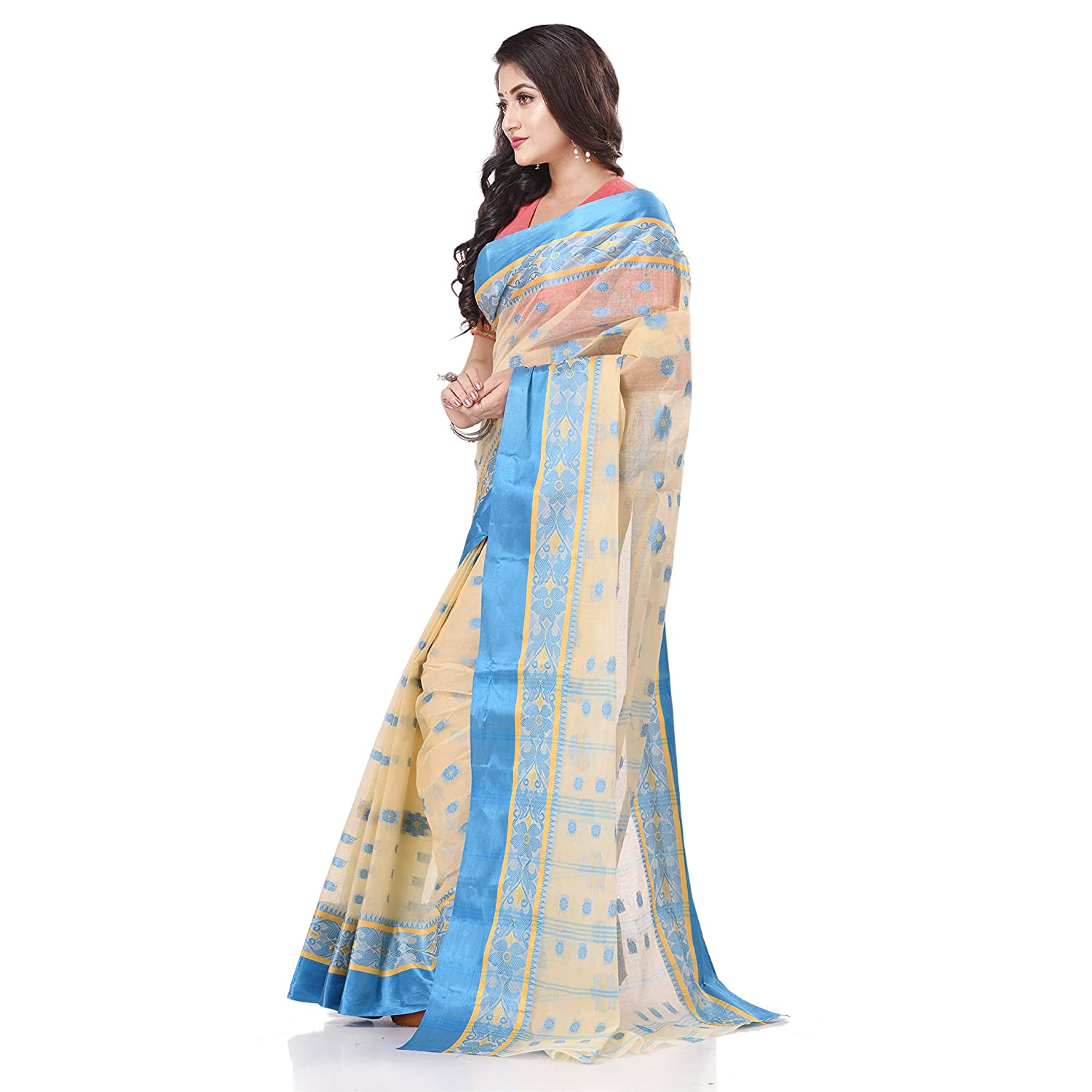 Desh Bidesh Women's Traditional Bengal Phulkoli Woven Design Pure Handloom Cotton Saree Without Blouse Piece - Distacart