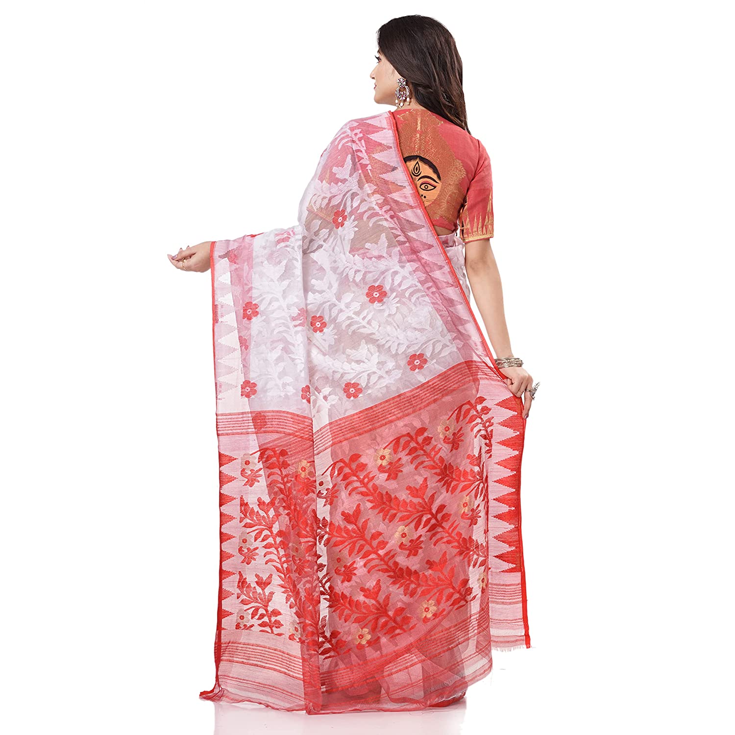 Desh Bidesh Women's Bengal Handloom Soft Dhakai Jamdani Cotton Saree Whole Body Design Without Blouse Piece (White Red) - Distacart