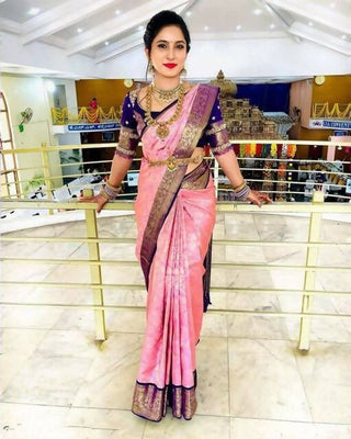 DEIANA'S Beautiful Golden Jari with New Design Soft Lichi Silk Saree - Peach - Distacart