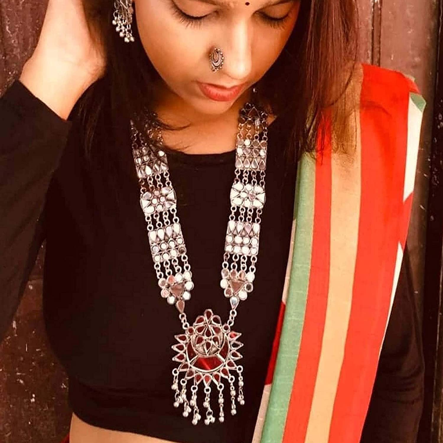 Silver-Plated Alloy Long Kundan Studded Silver Oxidised Necklace - The Pari - Distacart