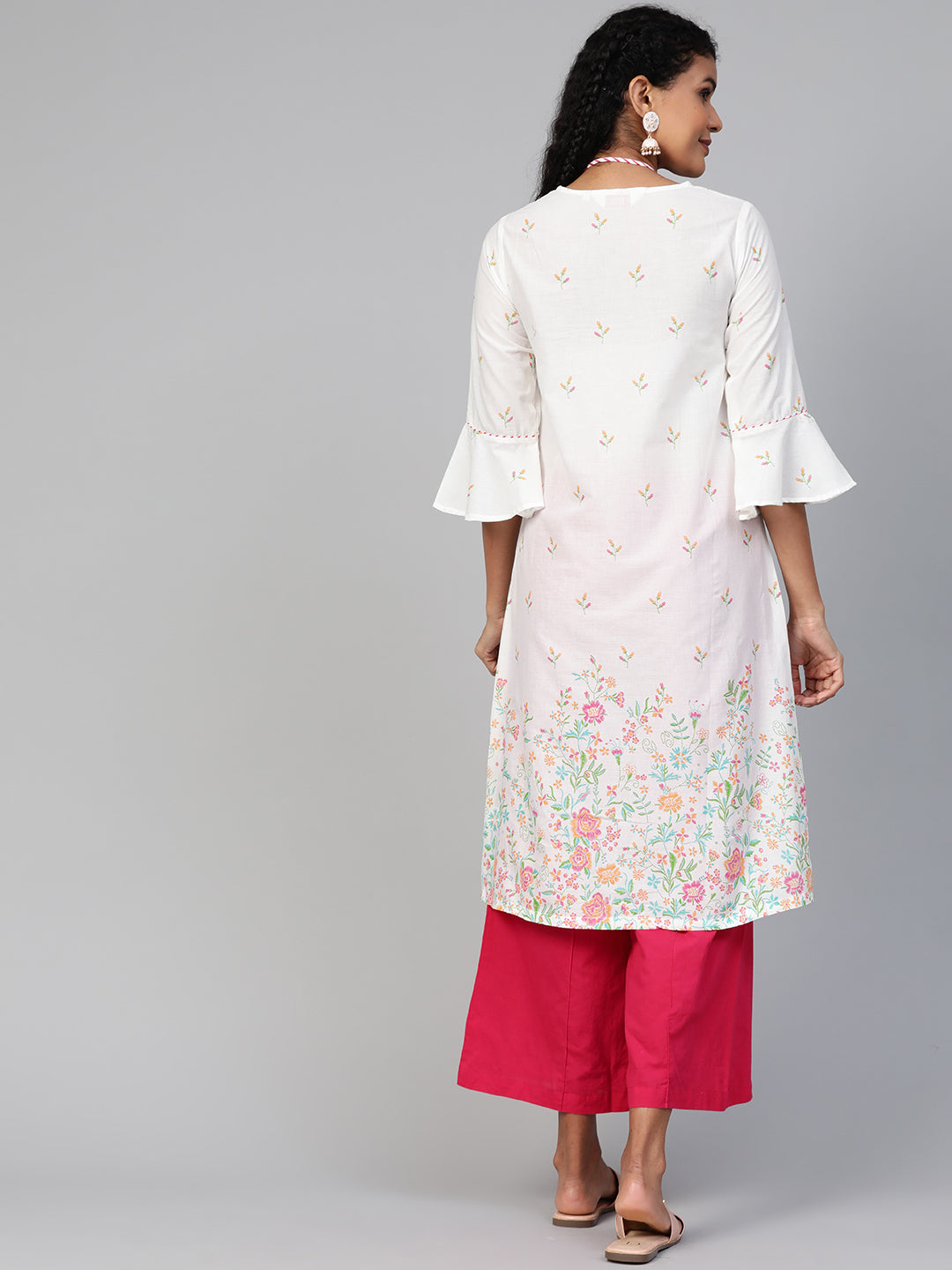Biba Women White & Mustard Yellow Floral Printed A-Line Kurta With Neck Piece - Distacart