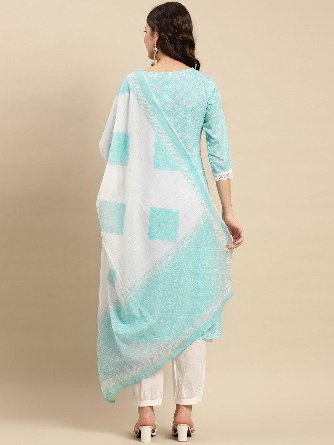 Sangria Turquoise Blue & White Geometric Printed Pure Cotton Kurta With Trouser & Dupatta - Distacart