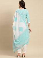 Thumbnail for Sangria Turquoise Blue & White Geometric Printed Pure Cotton Kurta With Trouser & Dupatta - Distacart