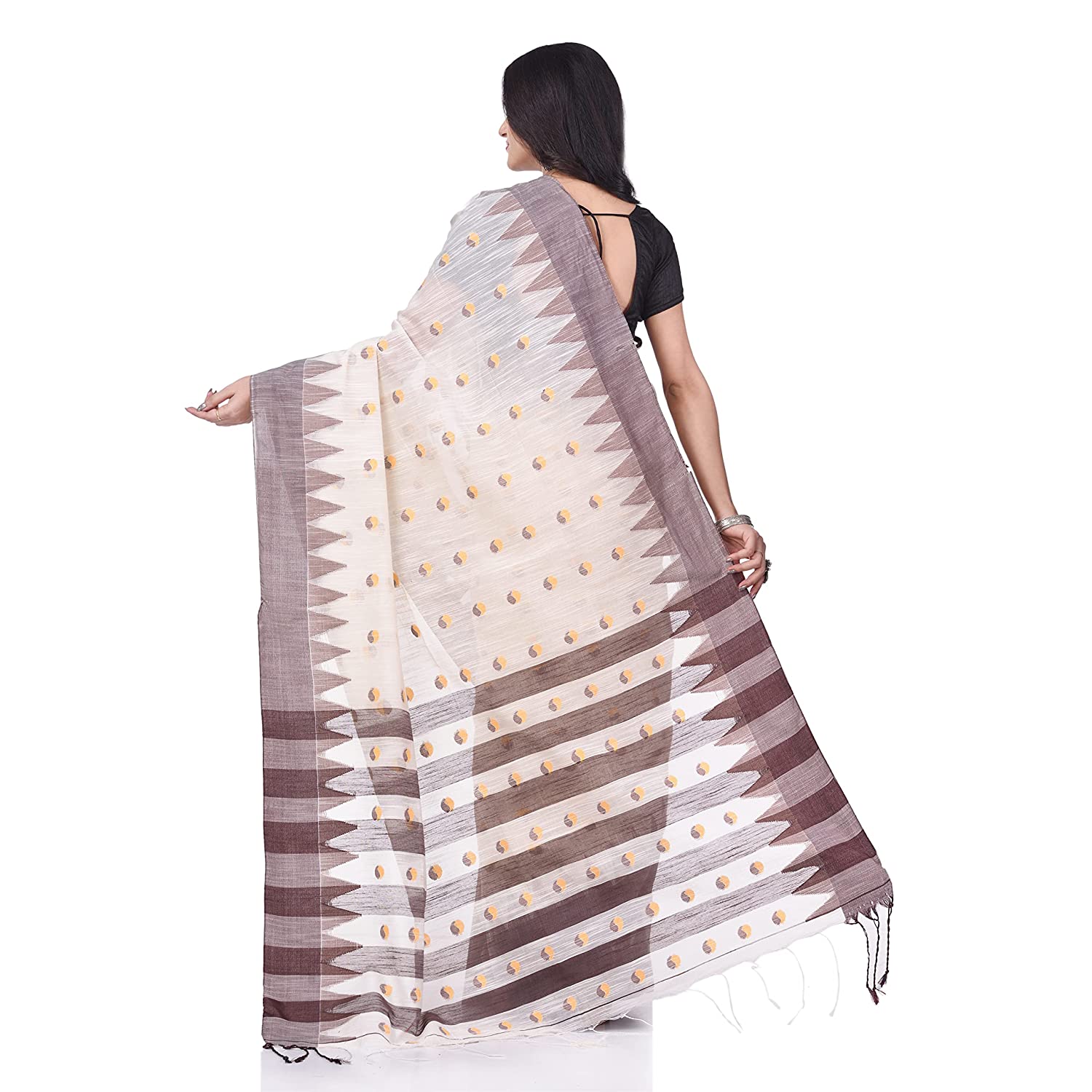 Desh Bidesh Women's Traditional Bengali Handloom Tant Pure Cotton Saree Khadi Bicolor Ball Temple Par Designed With Blouse Piece - Distacart