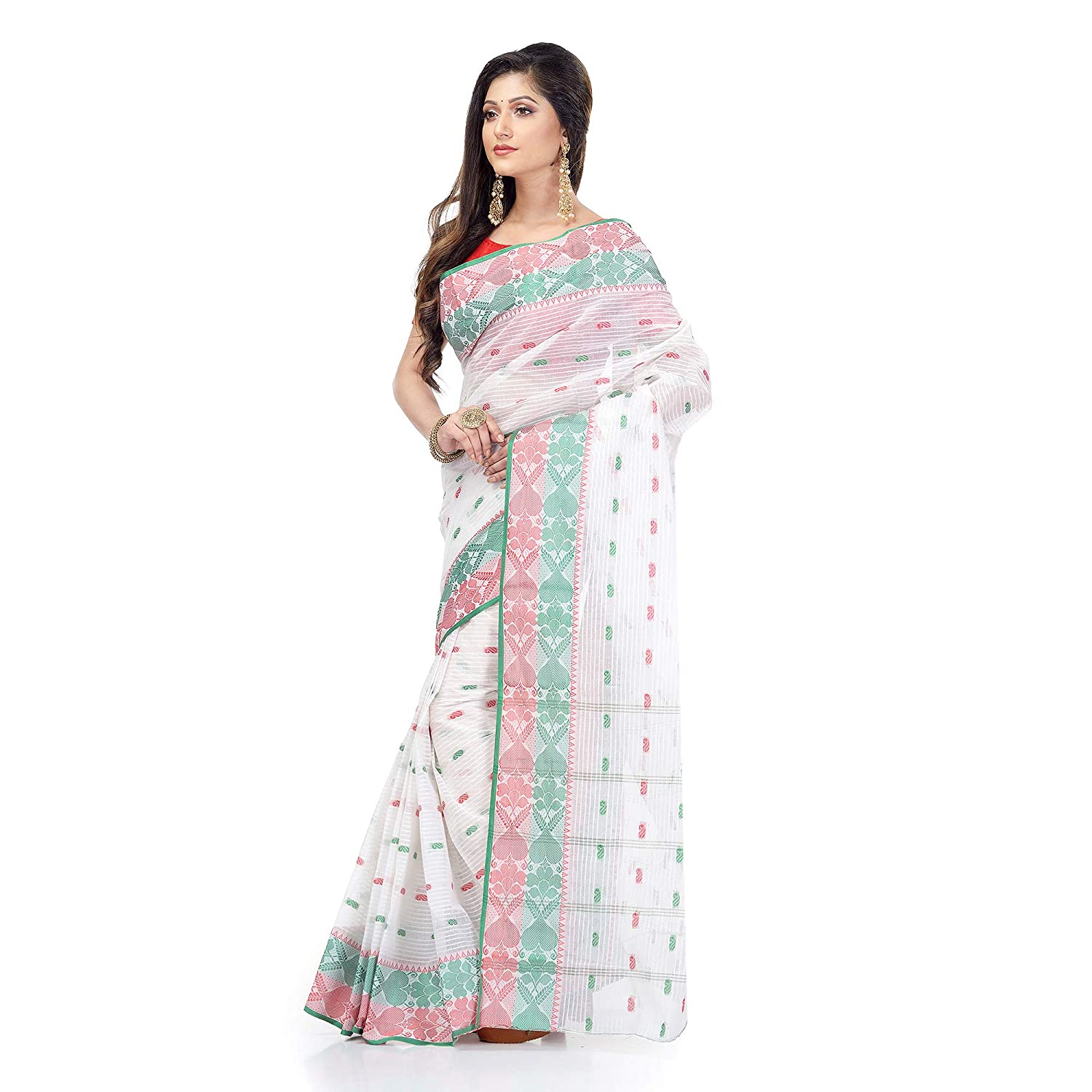 Desh Bidesh Women Pure Cotton Traditional Handloom Bengal Tant Saree Noyonchuri Design Without Blouse Piece (White Red Green) - Distacart