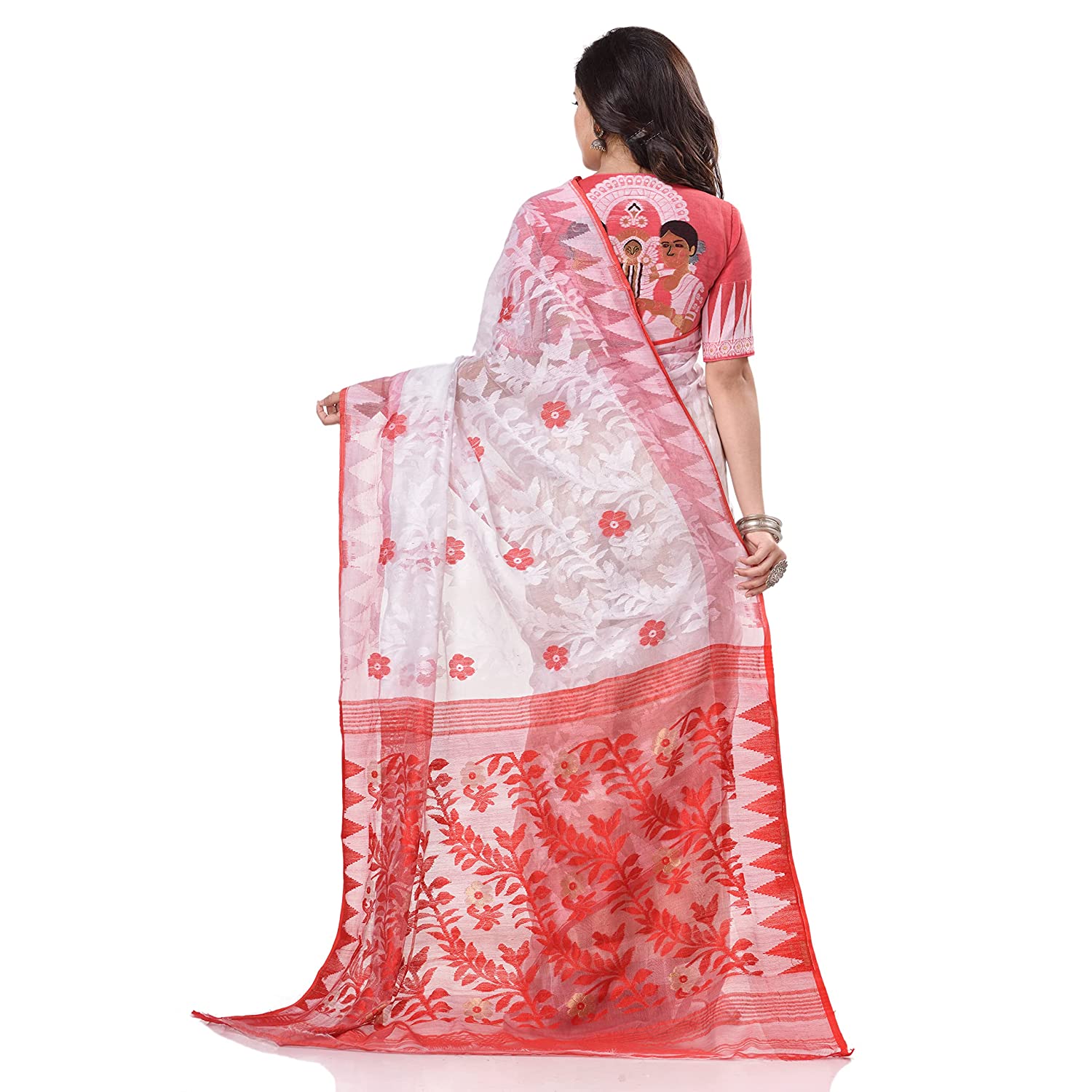 Desh Bidesh Women's Bengal Handloom Soft Dhakai Jamdani Cotton Saree Whole Body Design Without Blouse Piece (White Red) - Distacart