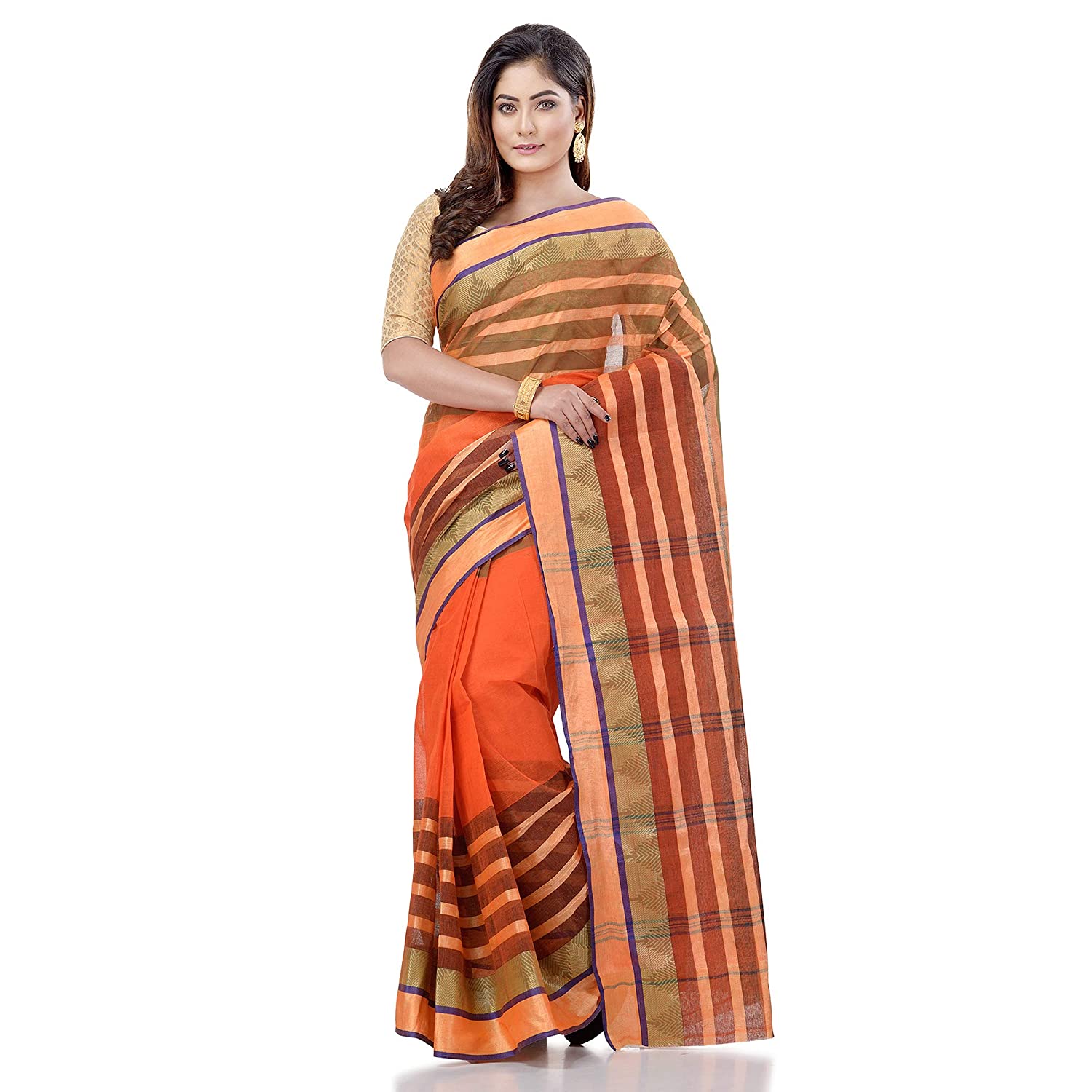 Desh Bidesh Women's Traditional Bengal Tant 3D Temple Design Handloom Pure Cotton Saree Without Blouse Piece - Distacart