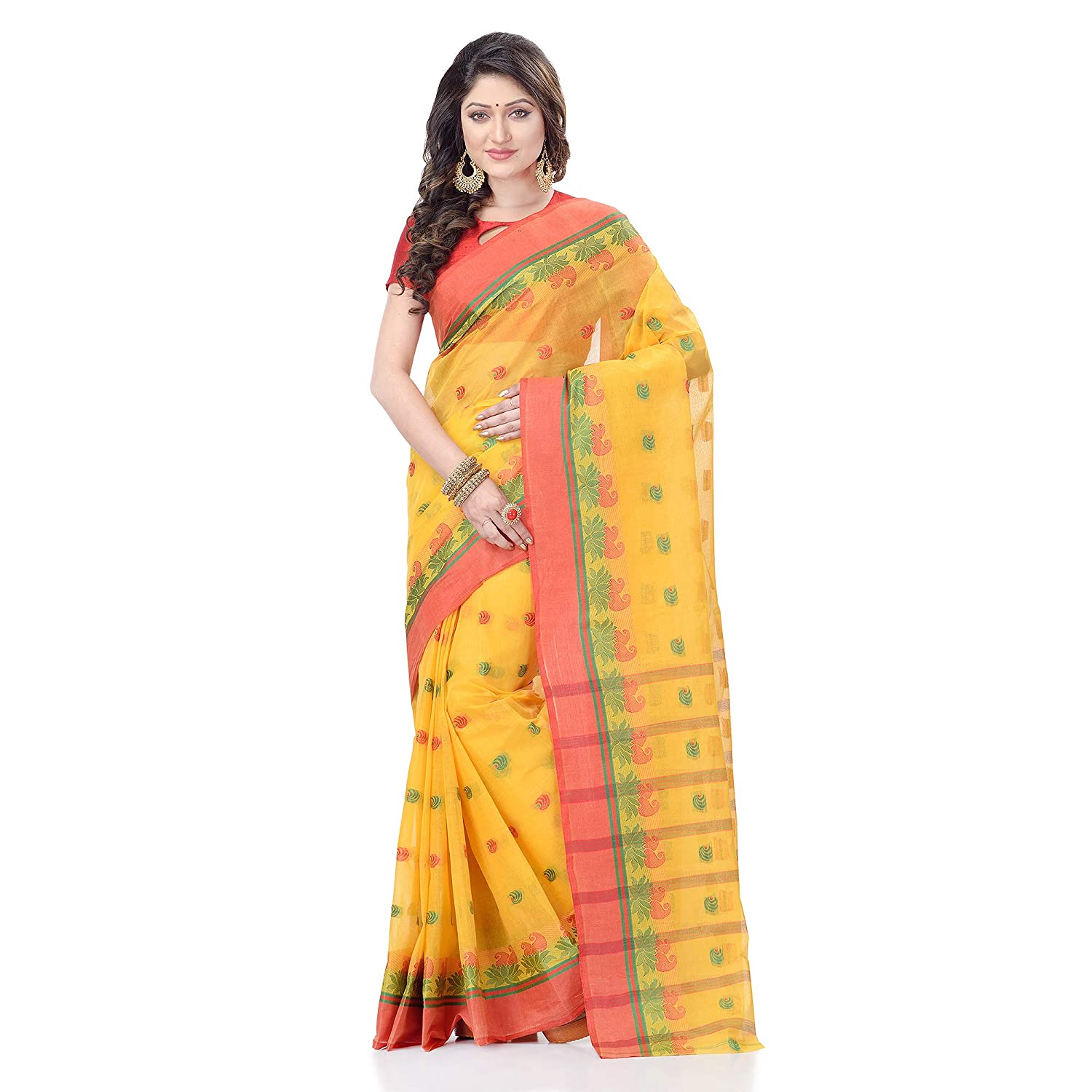 Desh Bidesh Women's Traditional Bengal Tant Woven Lotus Kolka Design Pure Cotton Handloom Saree Without Blouse Piece - Distacart