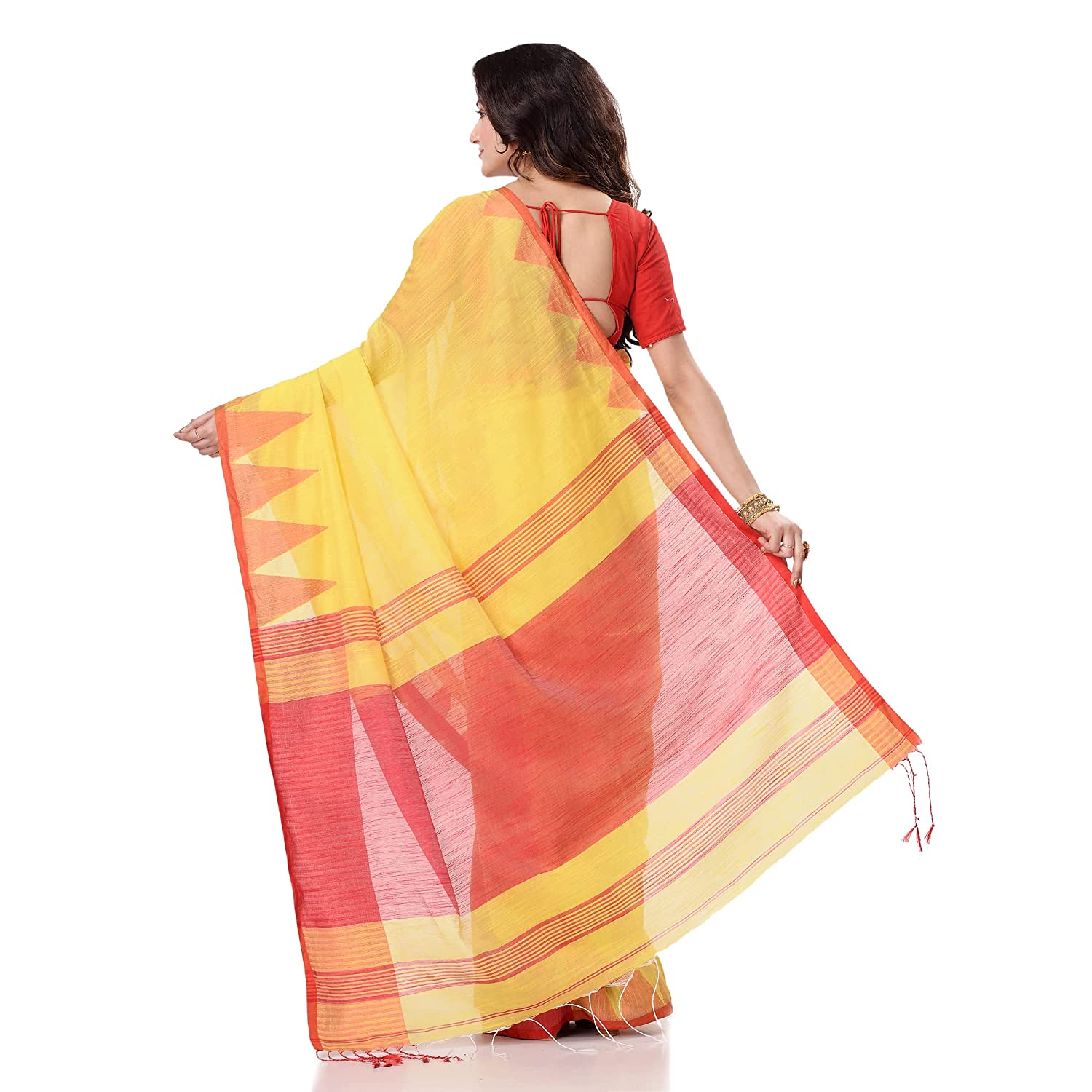Desh Bidesh Women's Traditional Bengali Handloom Tant Pure Cotton Saree Khadi Temple Par Desigined With Blouse Piece - Distacart