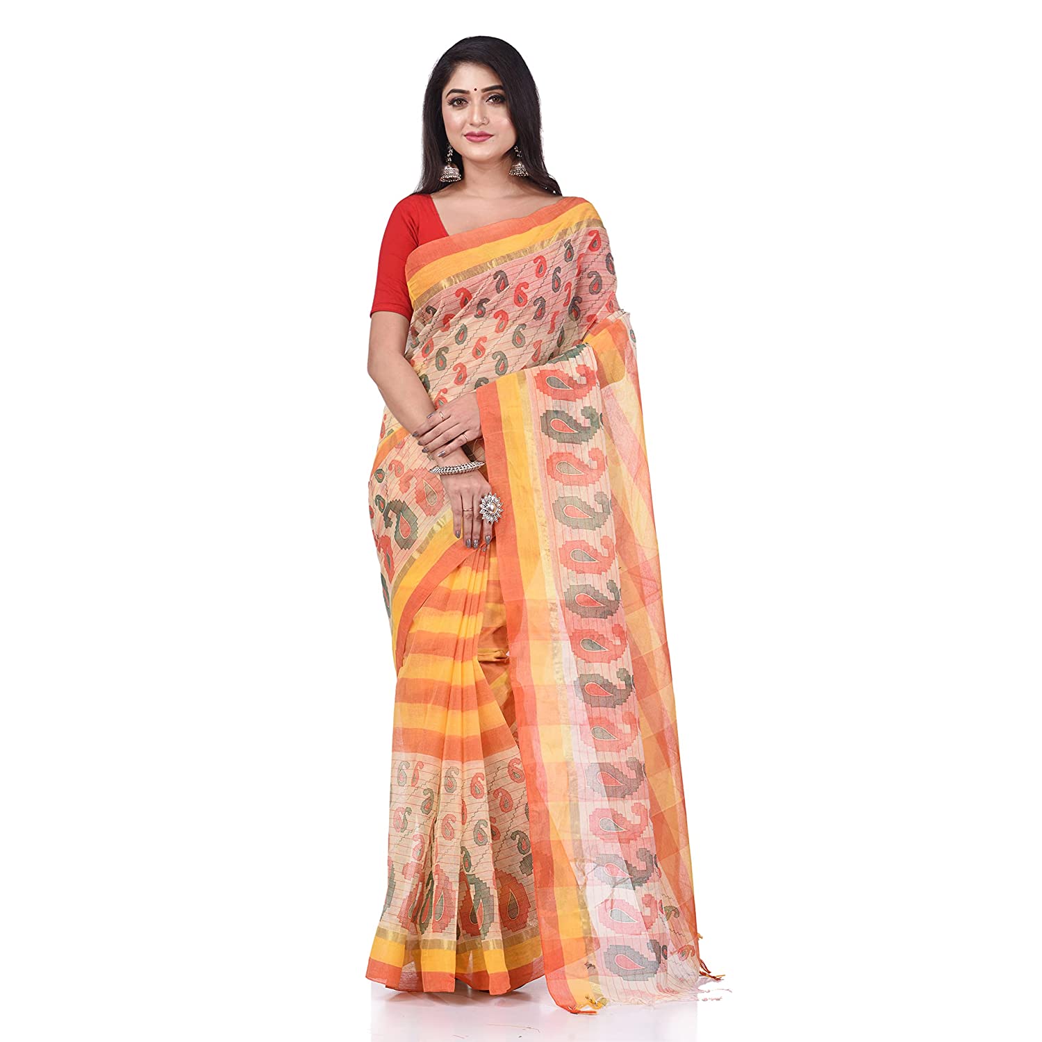 Desh Bidesh Bengal Cotton Women's Bengal Tant Kolka Print Design Pure Handloom Cotton Saree Without Blouse Piece - Distacart