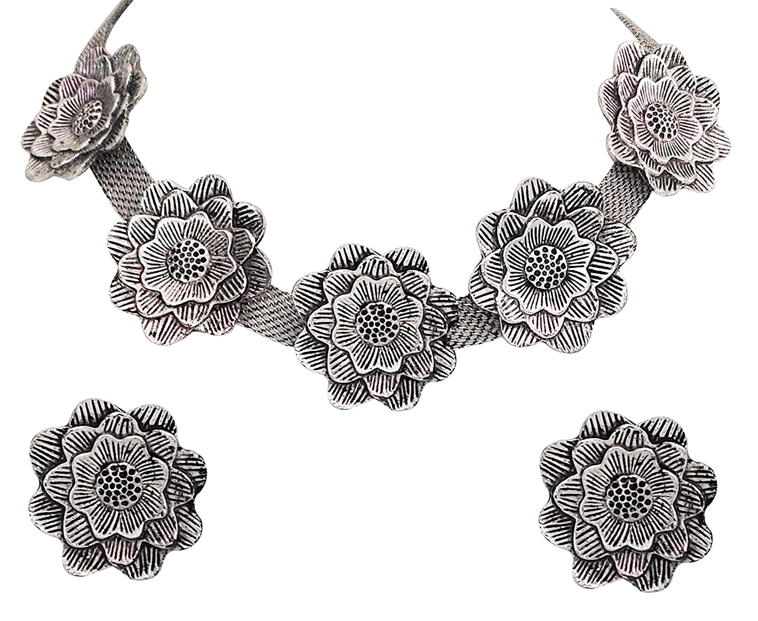 Silver-Plated Alloy Oxidised Rose Shape Necklace - The Pari - Distacart