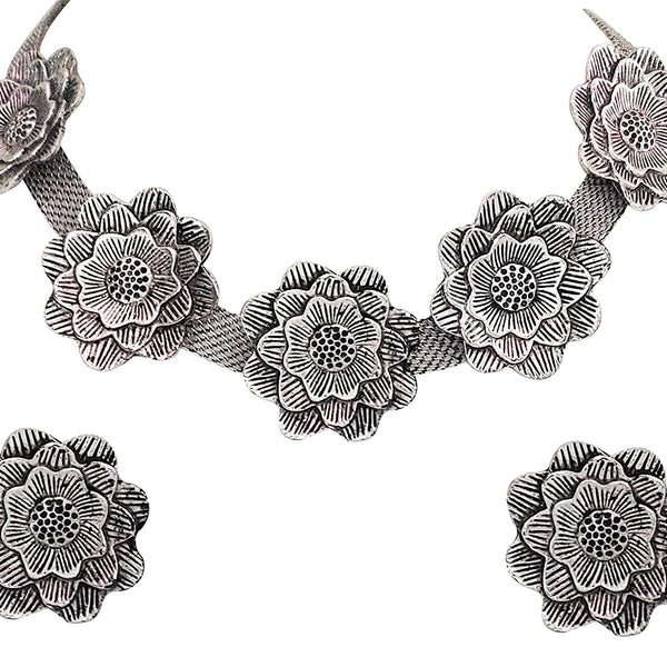 Silver-Plated Alloy Oxidised Rose Shape Necklace - The Pari - Distacart