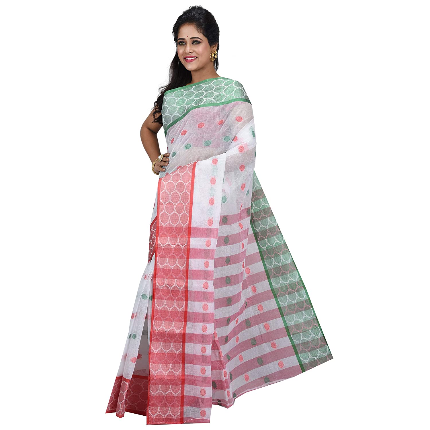 Desh Bidesh Women's Pure Cotton Traditional Handloom Ganga Jamuna Zori Design Bengal Tant Saree Without Blouse Pcs (White) - Distacart