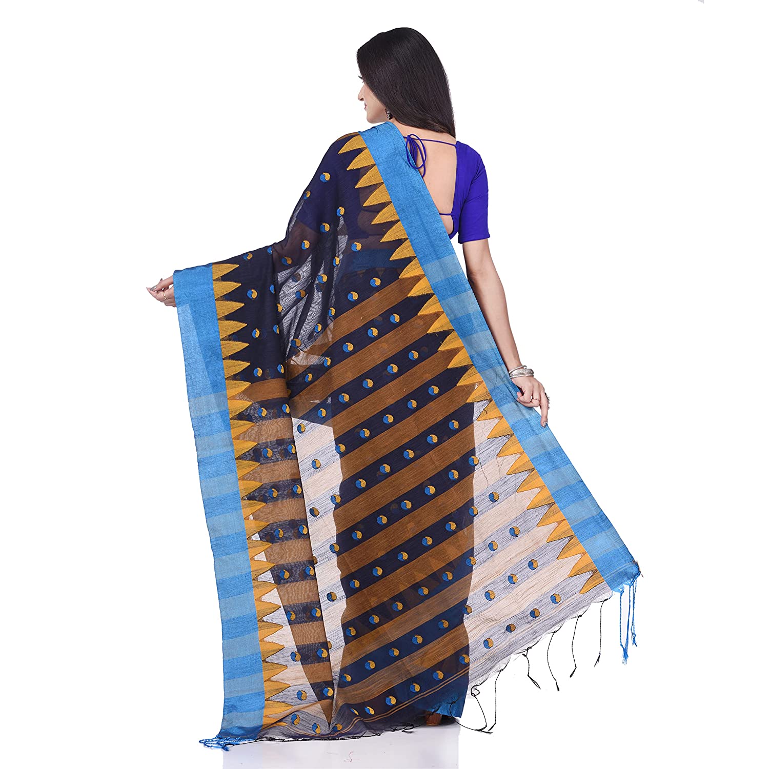 Desh Bidesh Women's Traditional Bengali Handloom Tant Pure Cotton Saree Khadi Bicolor Ball Temple Par Designed With Blouse Piece - Distacart