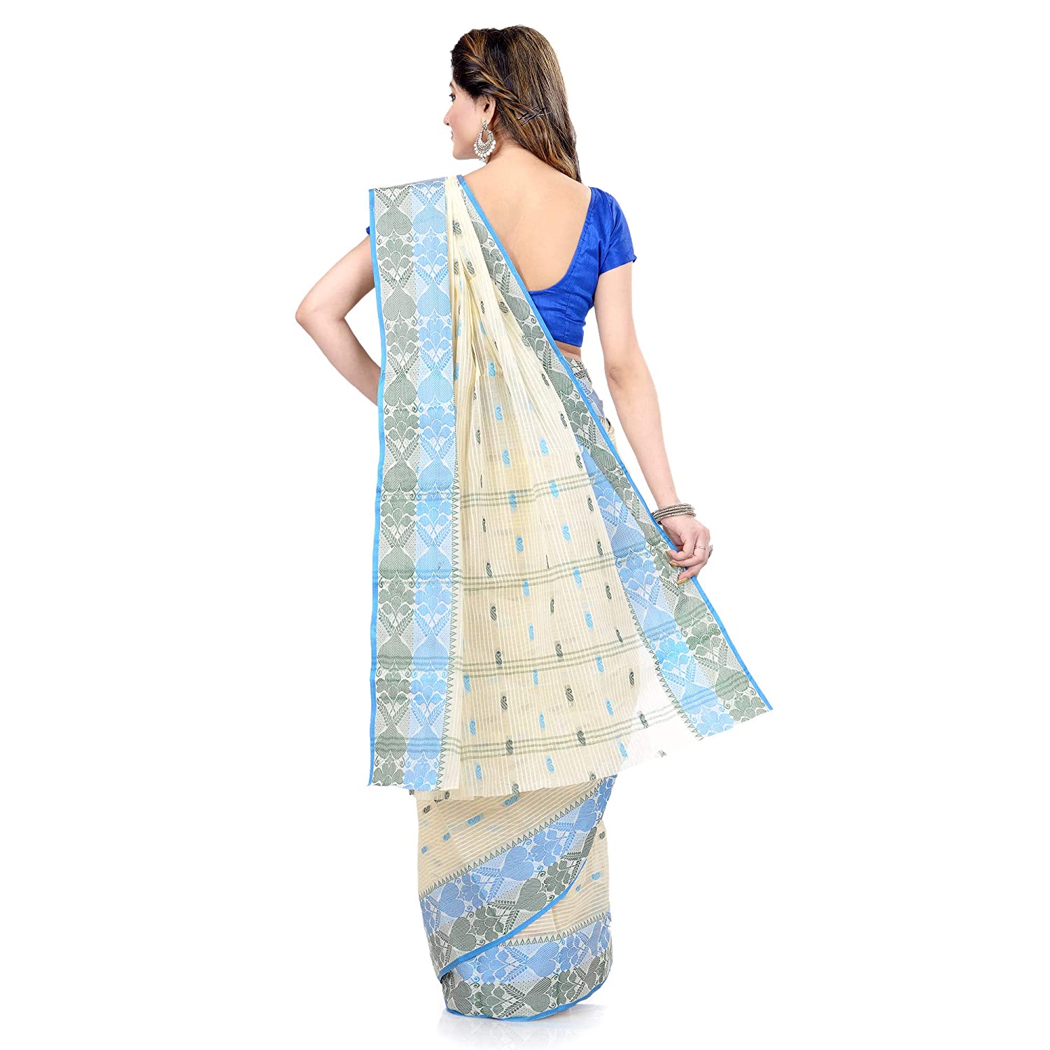 Desh Bidesh Women Pure Cotton Traditional Handloom Bengal Tant Saree Noyonchuri Design Without Blouse Piece (Sky Blue Green) - Distacart