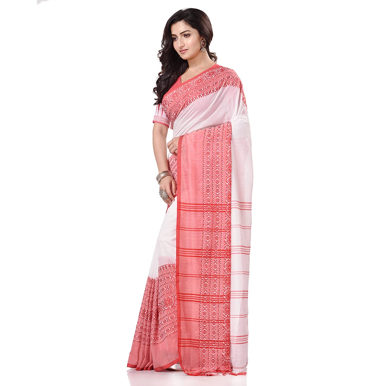 Desh Bidesh Women's Traditional Bengali Flower Design Bengamuri Pure Handloom Cotton Saree With Blouse Piece - Distacart