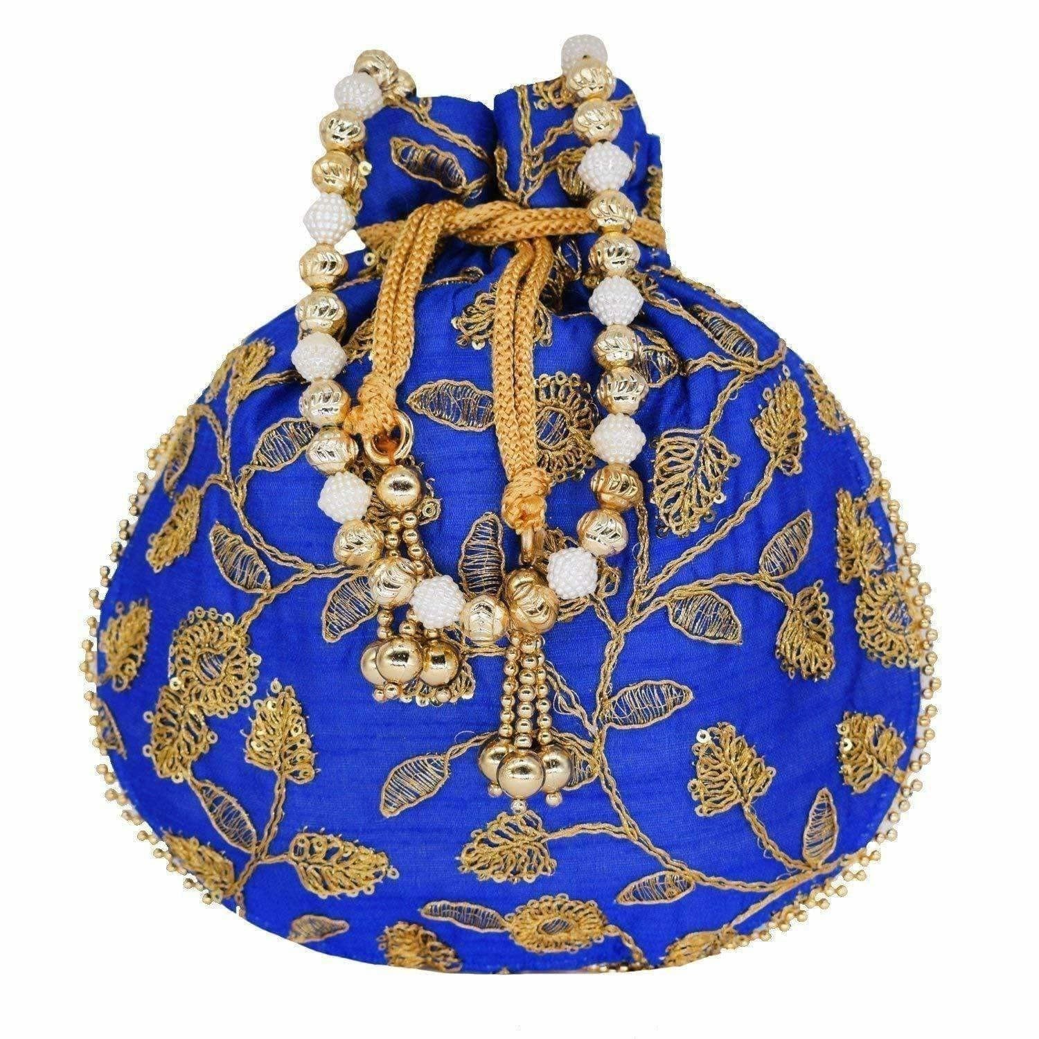 Ethnic Silk Potli bag Clutch Batwa Pouch with Embroidery and Metal Bead work Gift For Women - Distacart
