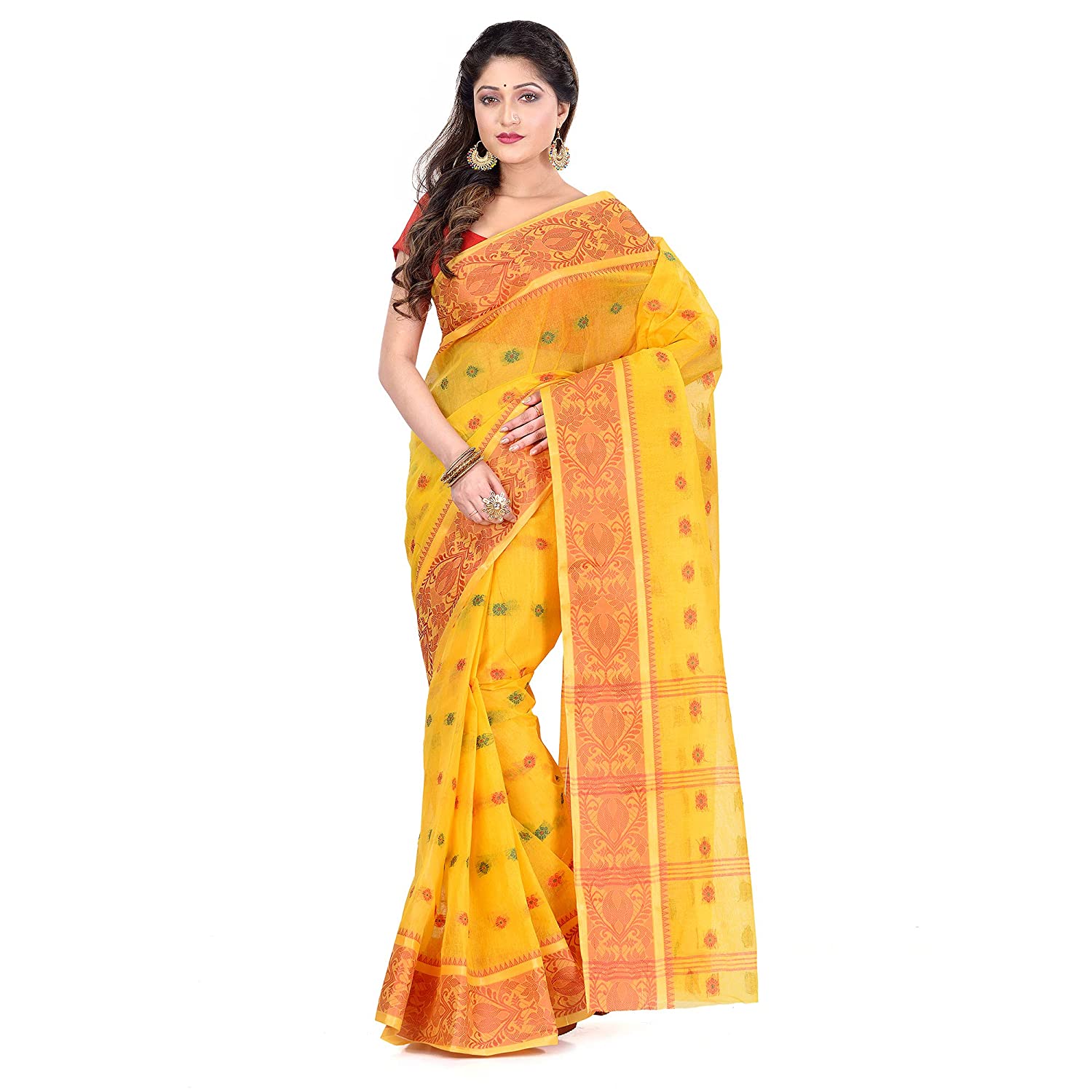 Desh Bidesh Women's Traditional Bengal Tant Woven Bee Kolka Design Pure Handloom Cotton Saree Without Blouse - Distacart