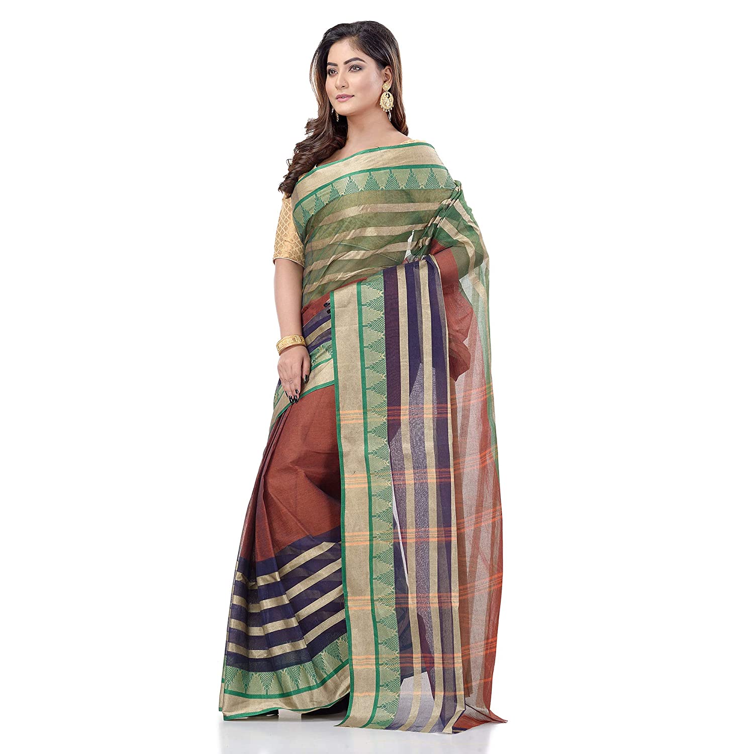 Desh Bidesh Women's Traditional Bengal Tant 3D Temple Design Handloom Pure Cotton Saree Without Blouse Piece - Distacart