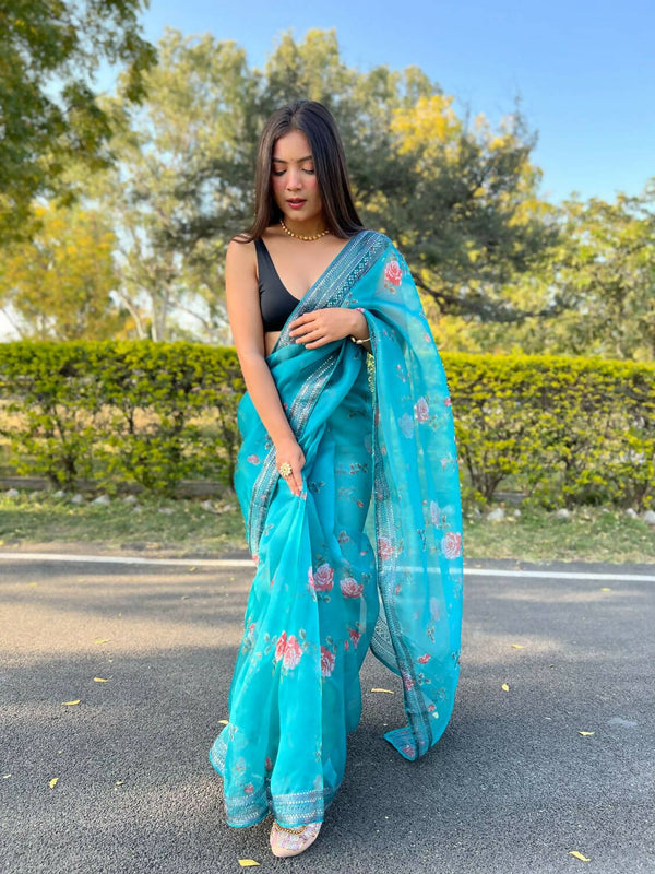 Vamsee Sky Blue Organza Saree - Distacart