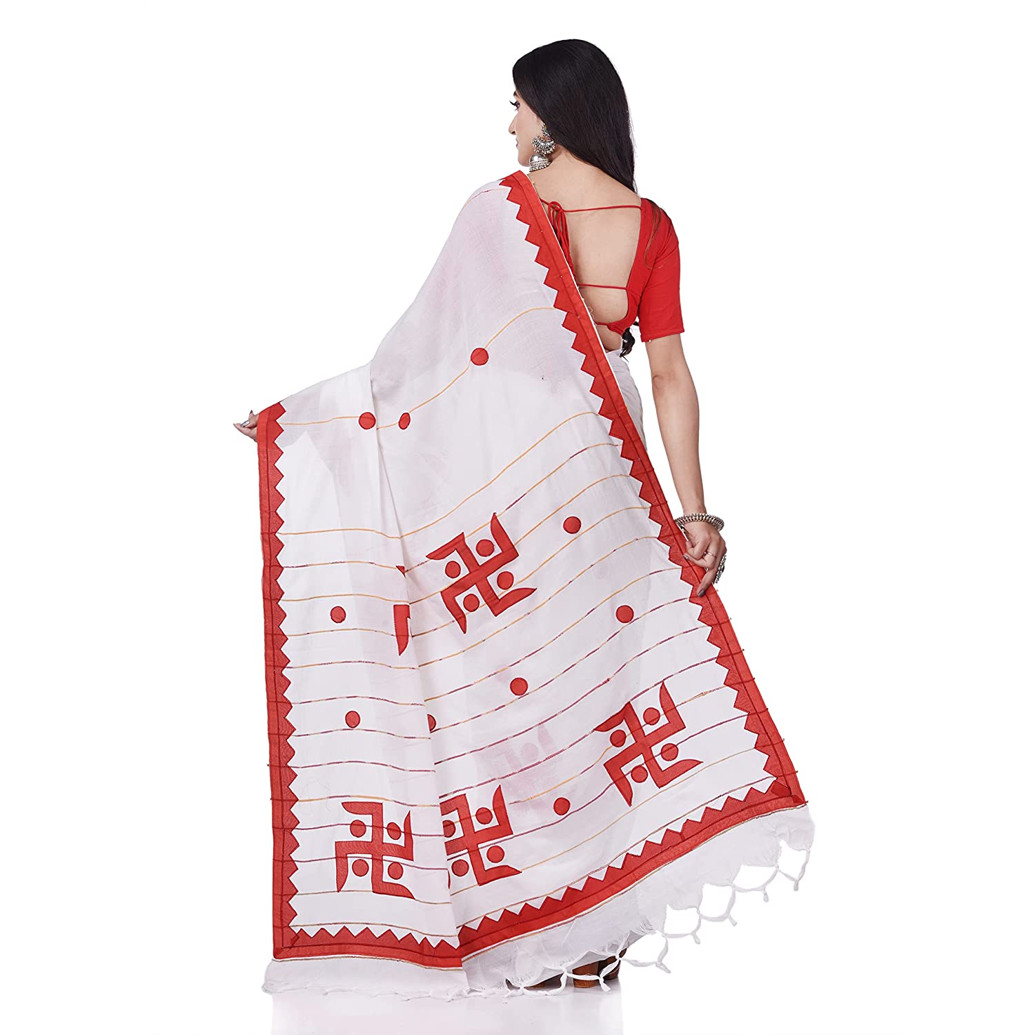 Desh Bidesh Women's Bengali Khesh Pure Cotton Handloom Saree Swastik Designed With Blouse Piece - Distacart