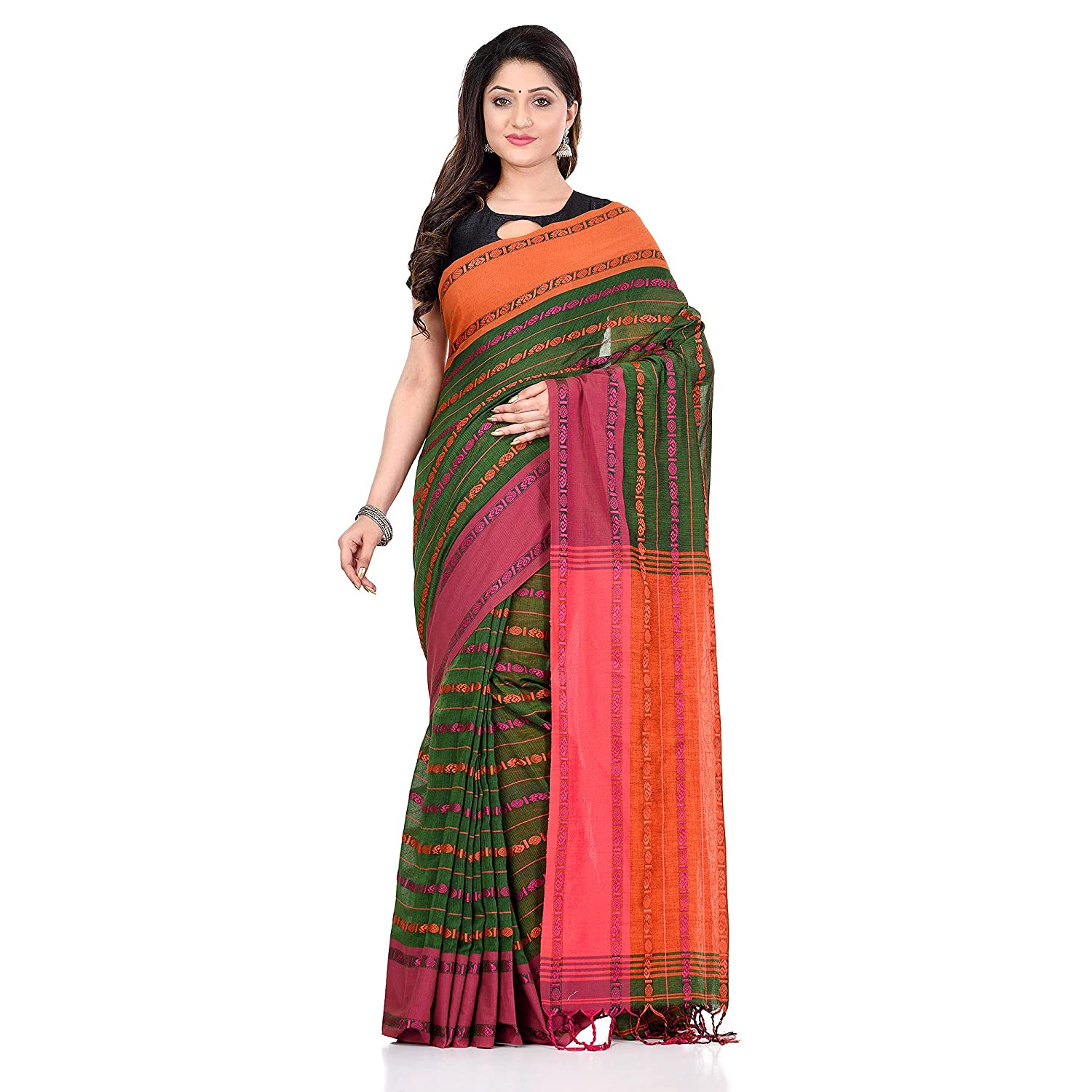 Desh Bidesh Women's Traditional Bengali Bengamuri Pure Handloom Cotton Saree With Blouse Piece - Distacart