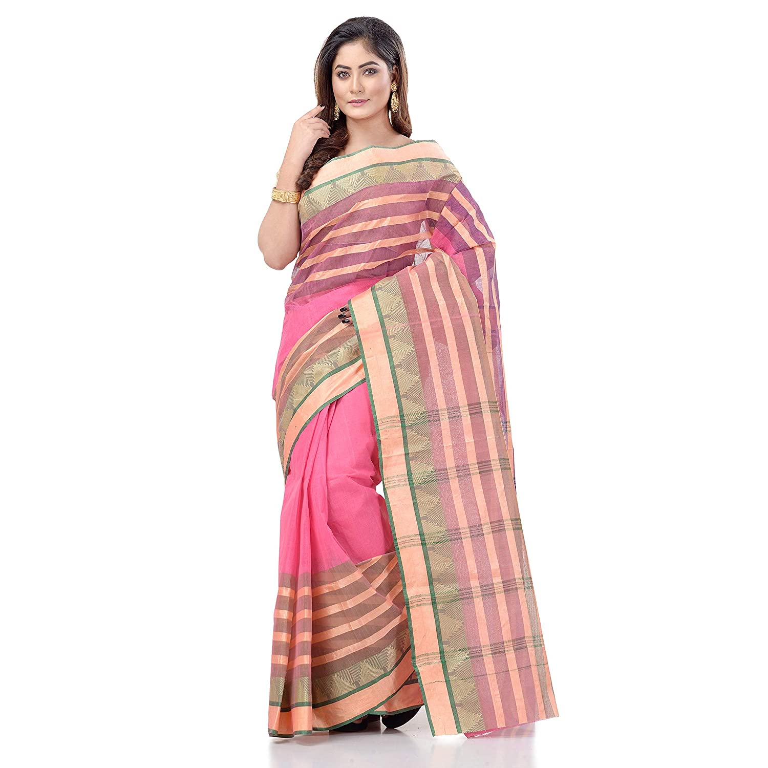 Desh Bidesh Women's Traditional Bengal Tant 3D Temple Design Handloom Pure Cotton Saree Without Blouse Piece - Distacart