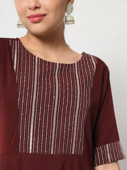 FIORRA Women's Maroon Poly Crepe Flared Kurta With Dupatta - Distacart