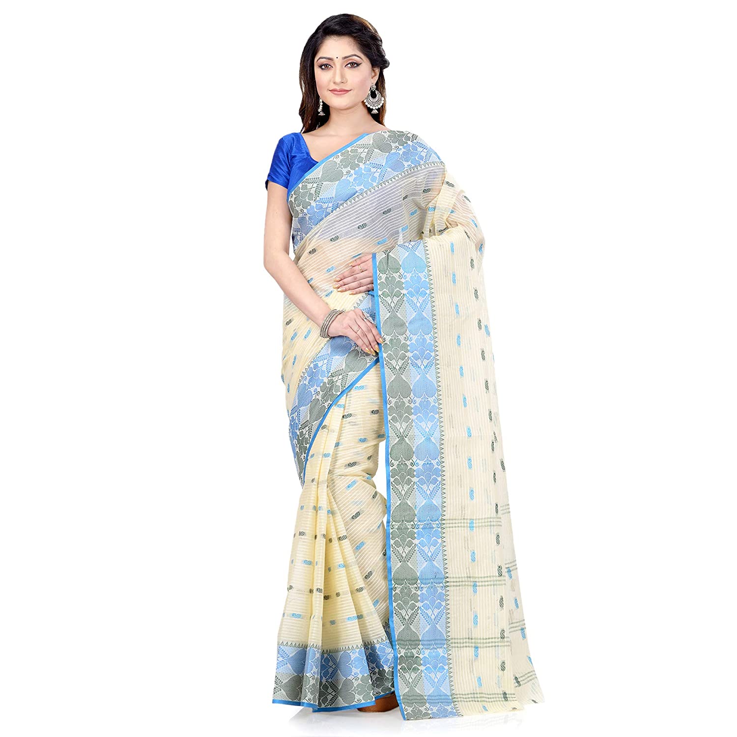 Desh Bidesh Women Pure Cotton Traditional Handloom Bengal Tant Saree Noyonchuri Design Without Blouse Piece (Sky Blue Green) - Distacart