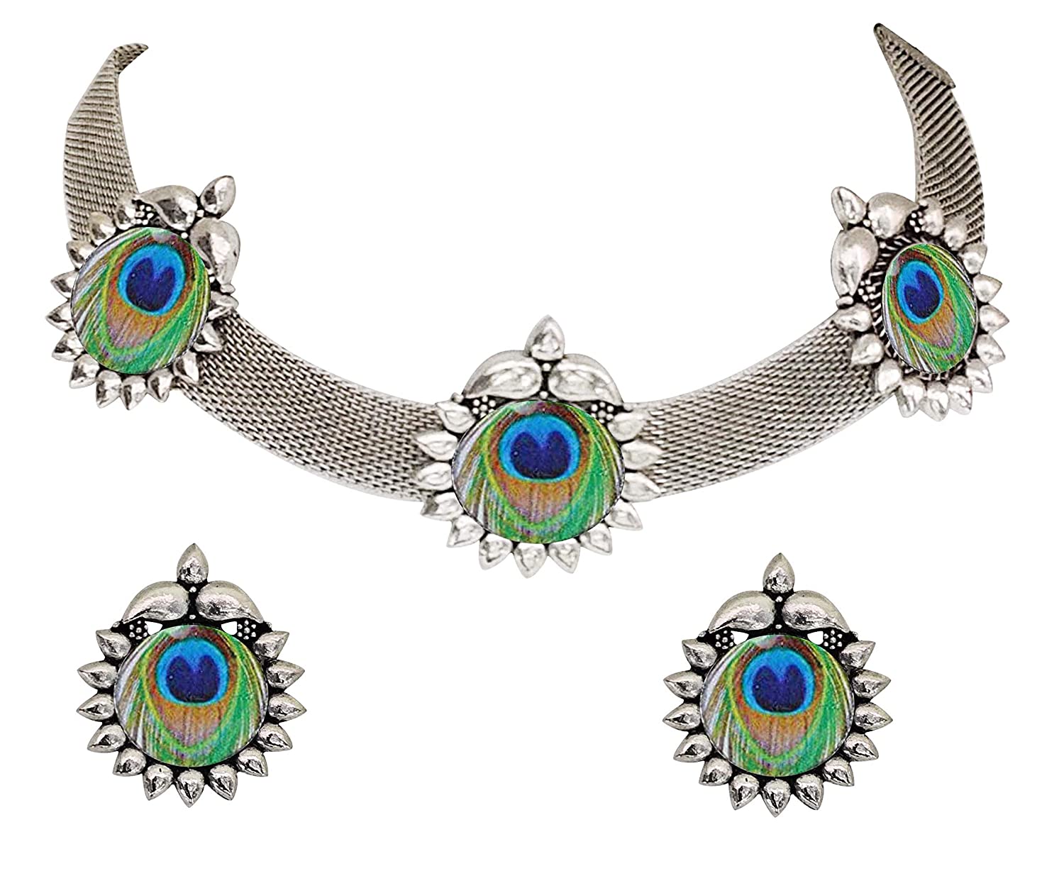 Silver-Plated Alloy Epoxy Peacock Oxidised Necklace - The Pari - Distacart