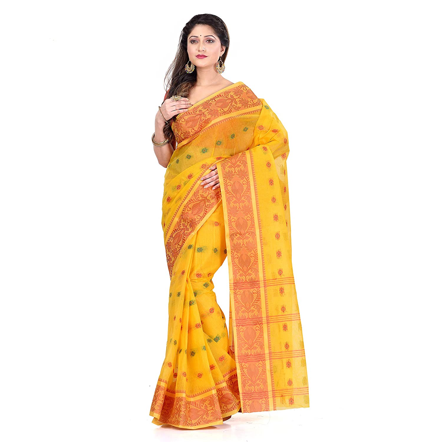 Desh Bidesh Women's Traditional Bengal Tant Woven Bee Kolka Design Pure Handloom Cotton Saree Without Blouse - Distacart