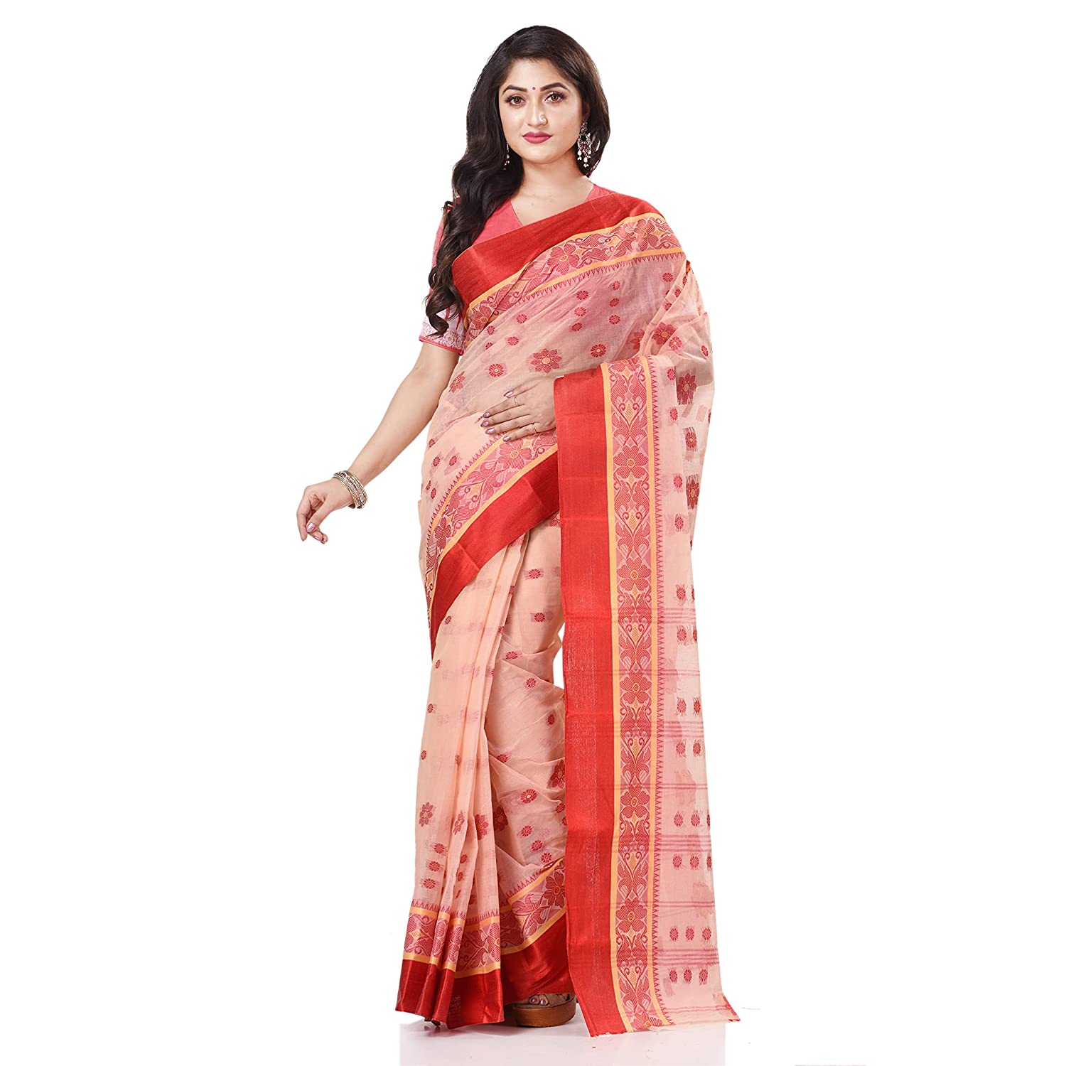 Desh Bidesh Women's Traditional Bengal Phulkoli Woven Design Pure Handloom Cotton Saree Without Blouse Piece - Distacart