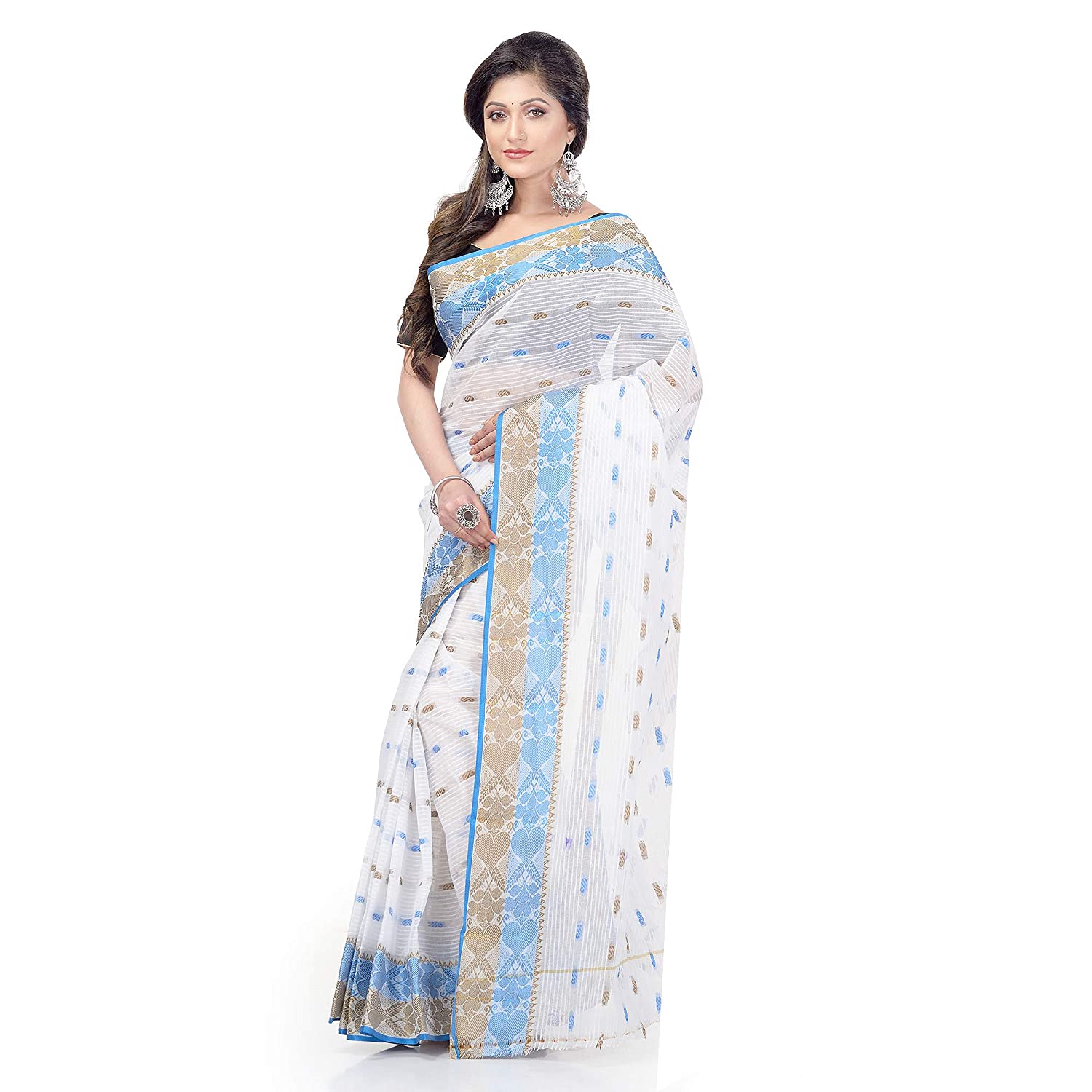 Desh Bidesh Women Pure Cotton Traditional Handloom Bengal Tant Saree Noyonchuri Design Without Blouse Piece (White Skyblue Brown) - Distacart