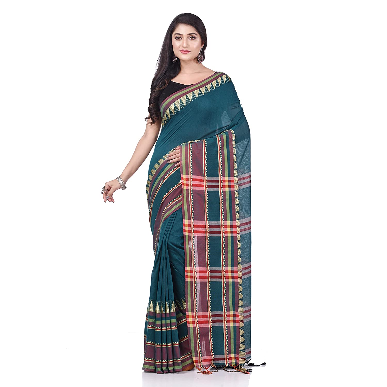 Desh Bidesh Women's Traditional Bengali Mandir Designed Pure Handloom Cotton Saree With Blouse Piece - Distacart