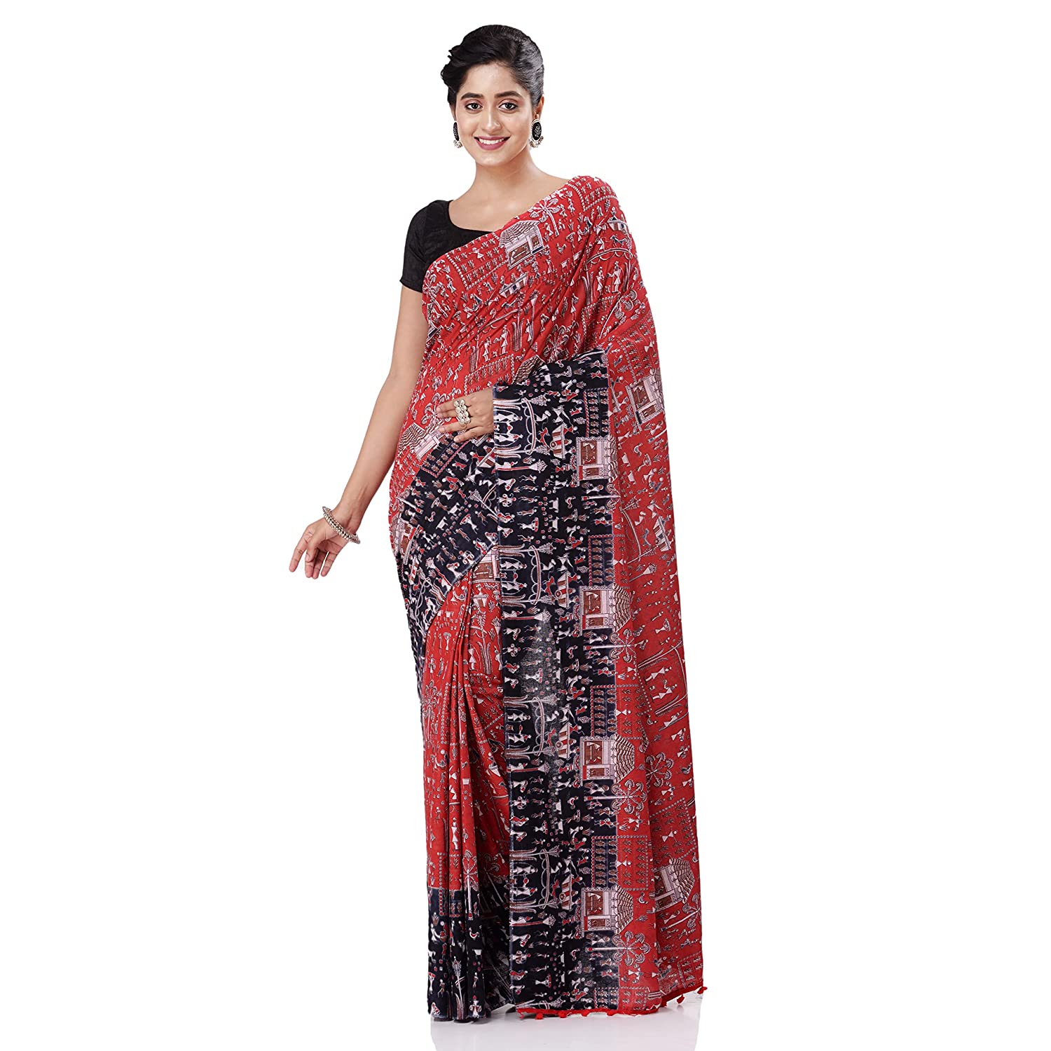 Desh Bidesh Women's Traditional Bengal Soft Kalamkari Printed Handloom Cotton Saree Border Tassels Without Blouse Piece - Distacart